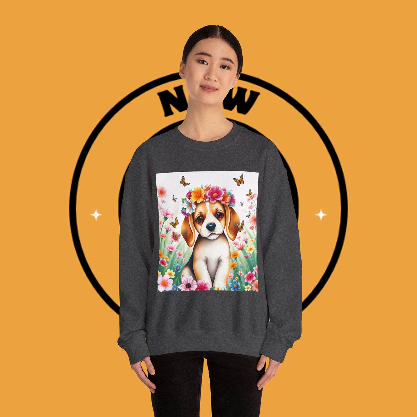 Flower Wreath Dog Crewneck Sweatshirt - Spring Beagle Design with Butterflies