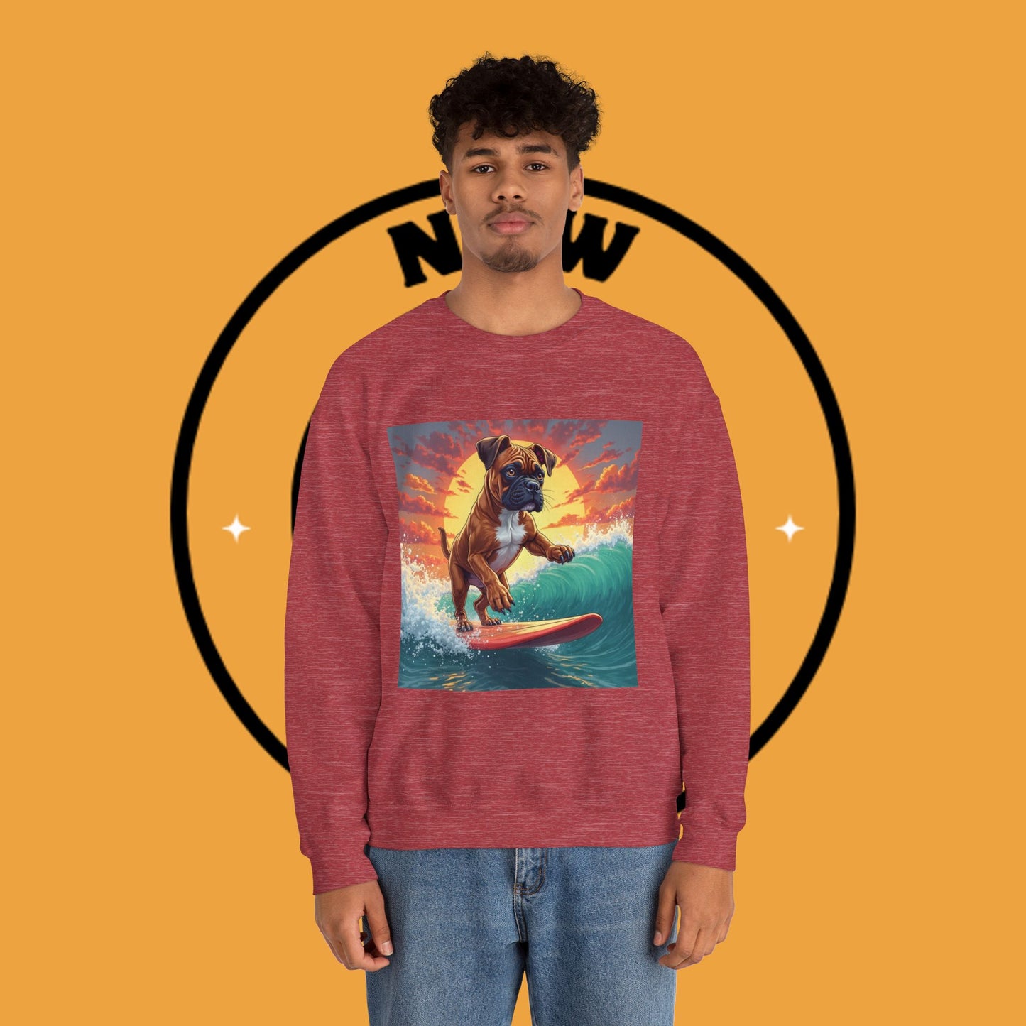 Surfing Boxer Dog Crewneck Sweatshirt | Funny Beach Surfer Gift | Epic Wave Riding Pup Design