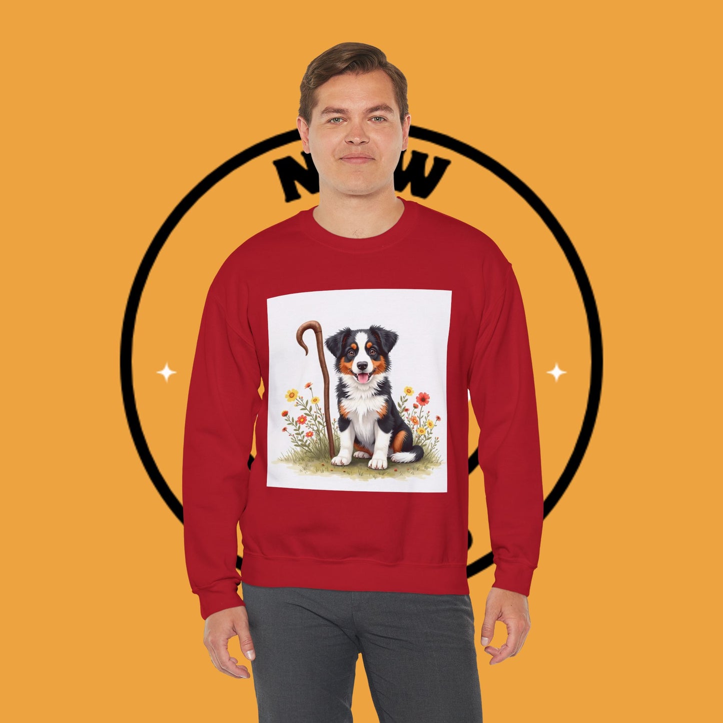 Border Collie Puppy Shepherd's Crook Crewneck Sweatshirt - Pastoral Dog Art | Farm Life Gift
