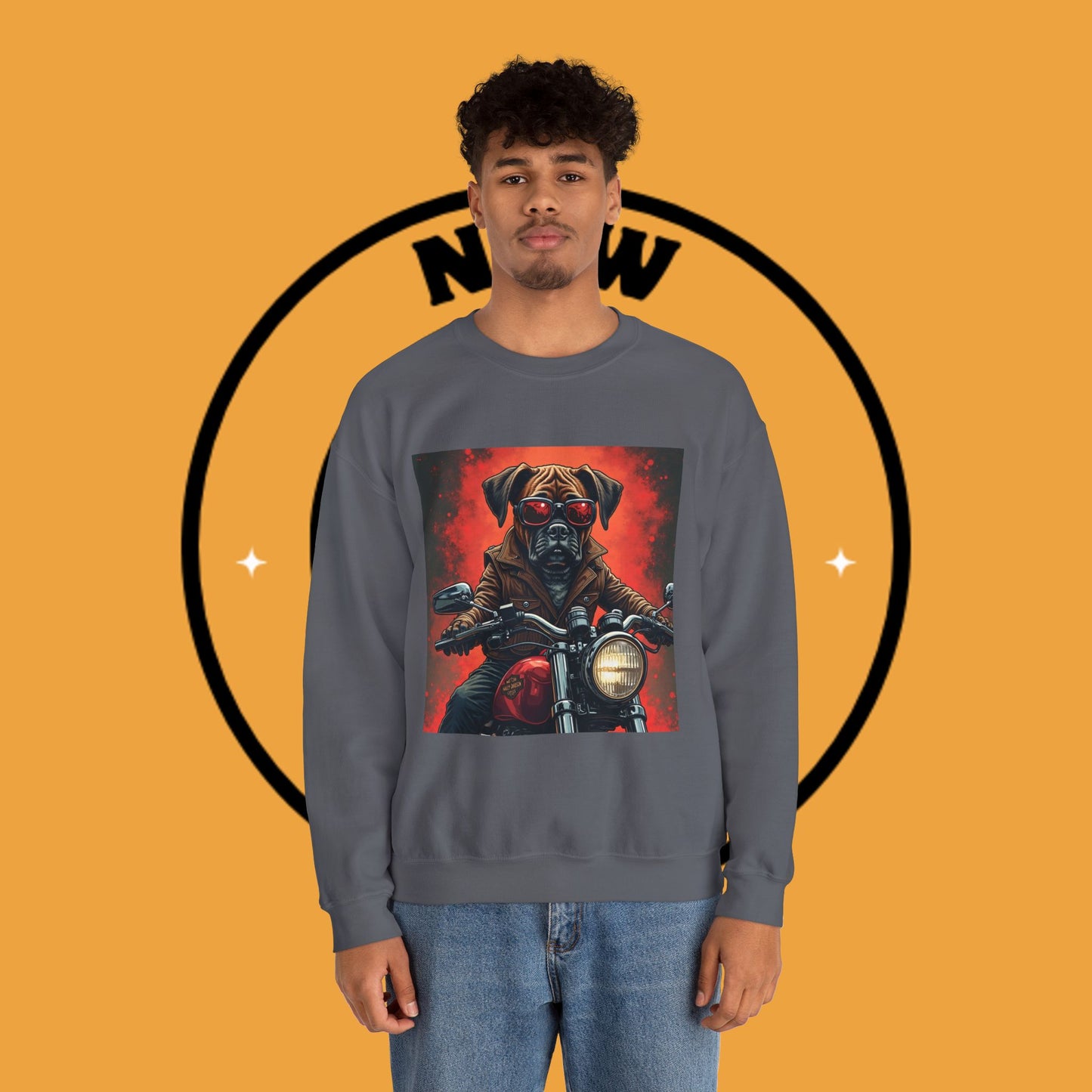 Biker Boxer Dog Crewneck Sweatshirt - Motorcycle Rebel Pup Design - Badass Pet Lover Style