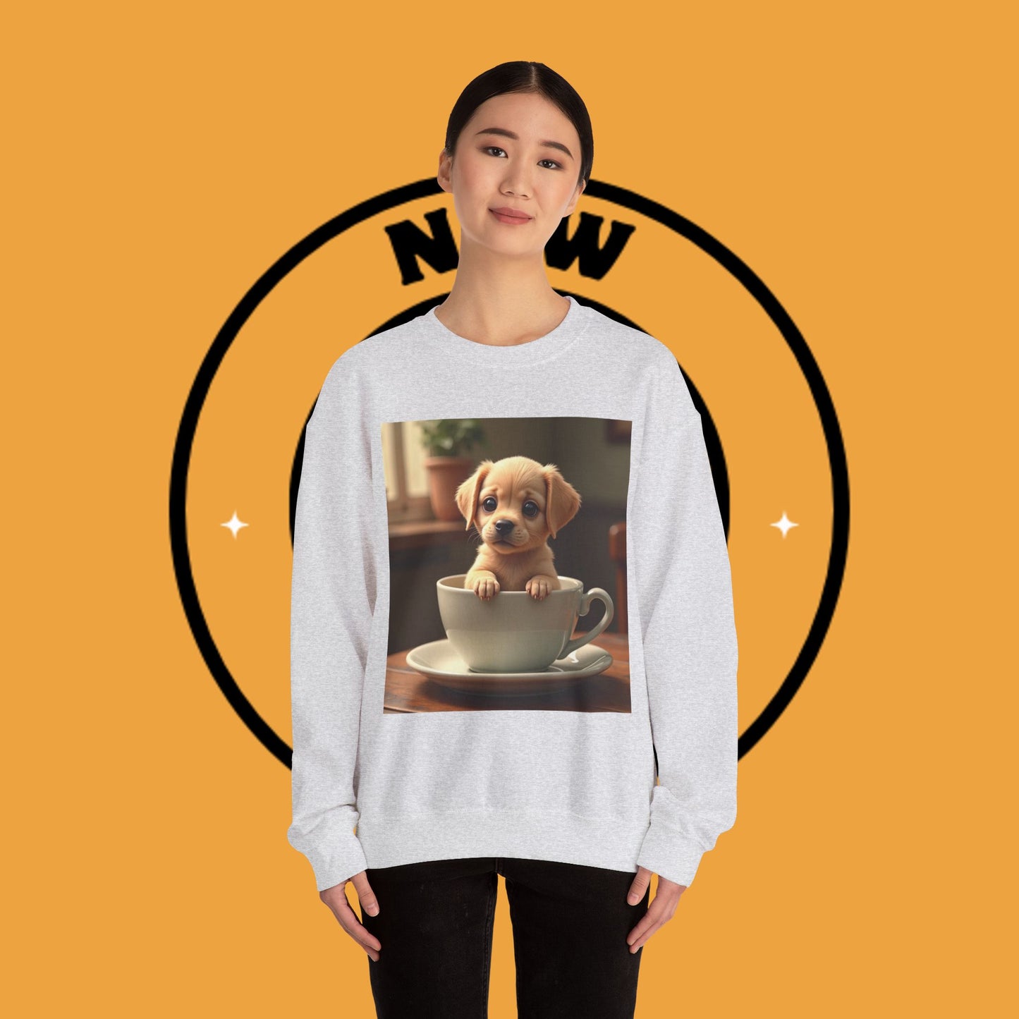 Unisex Dog Lover Crewneck Sweatshirt - Teacup Puppy: Adorable Yellow Lab in Coffee Cup