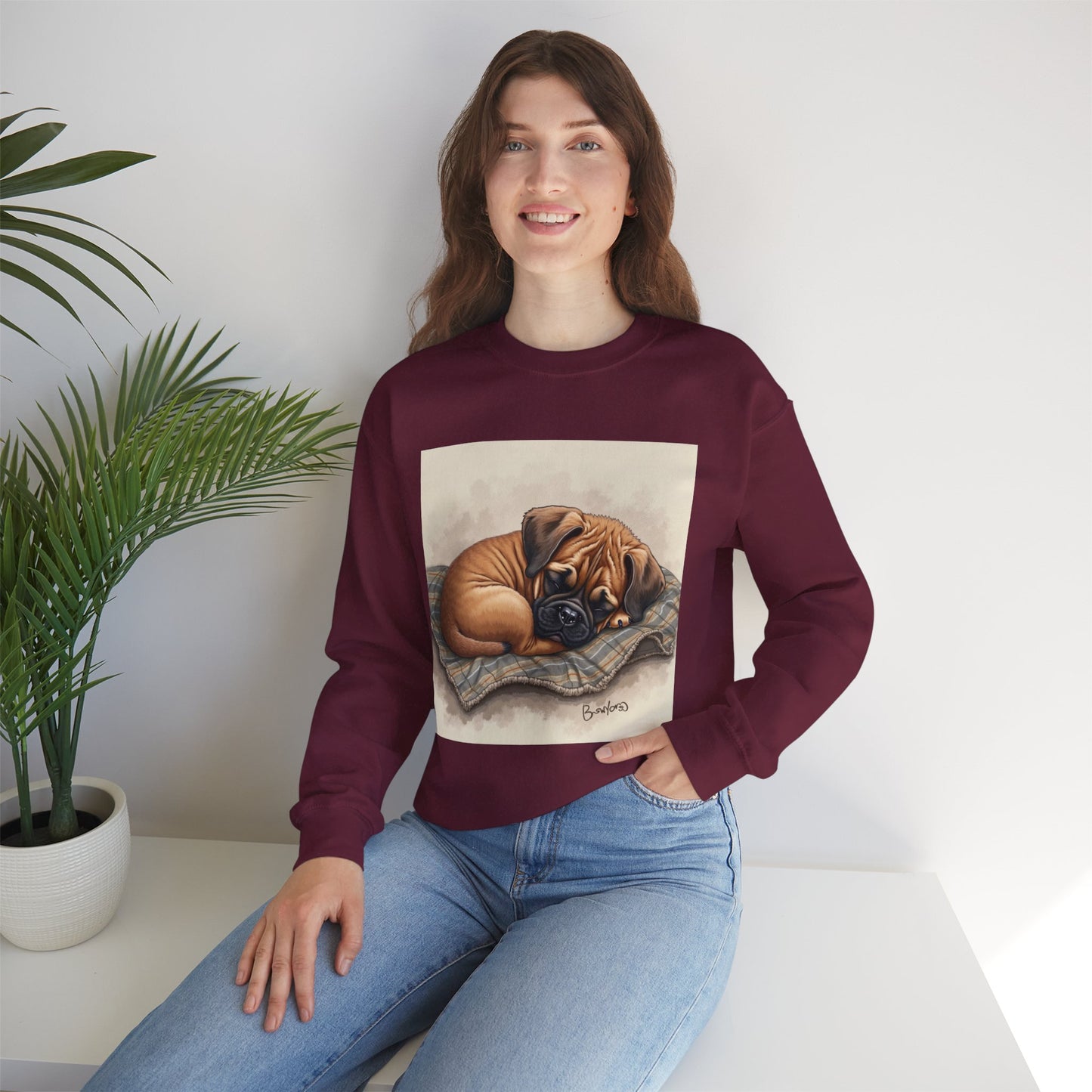 Sleeping Boxer Puppy Crewneck Sweatshirt - Cozy Dog Art Design - Comfort Wear for Pet Lovers