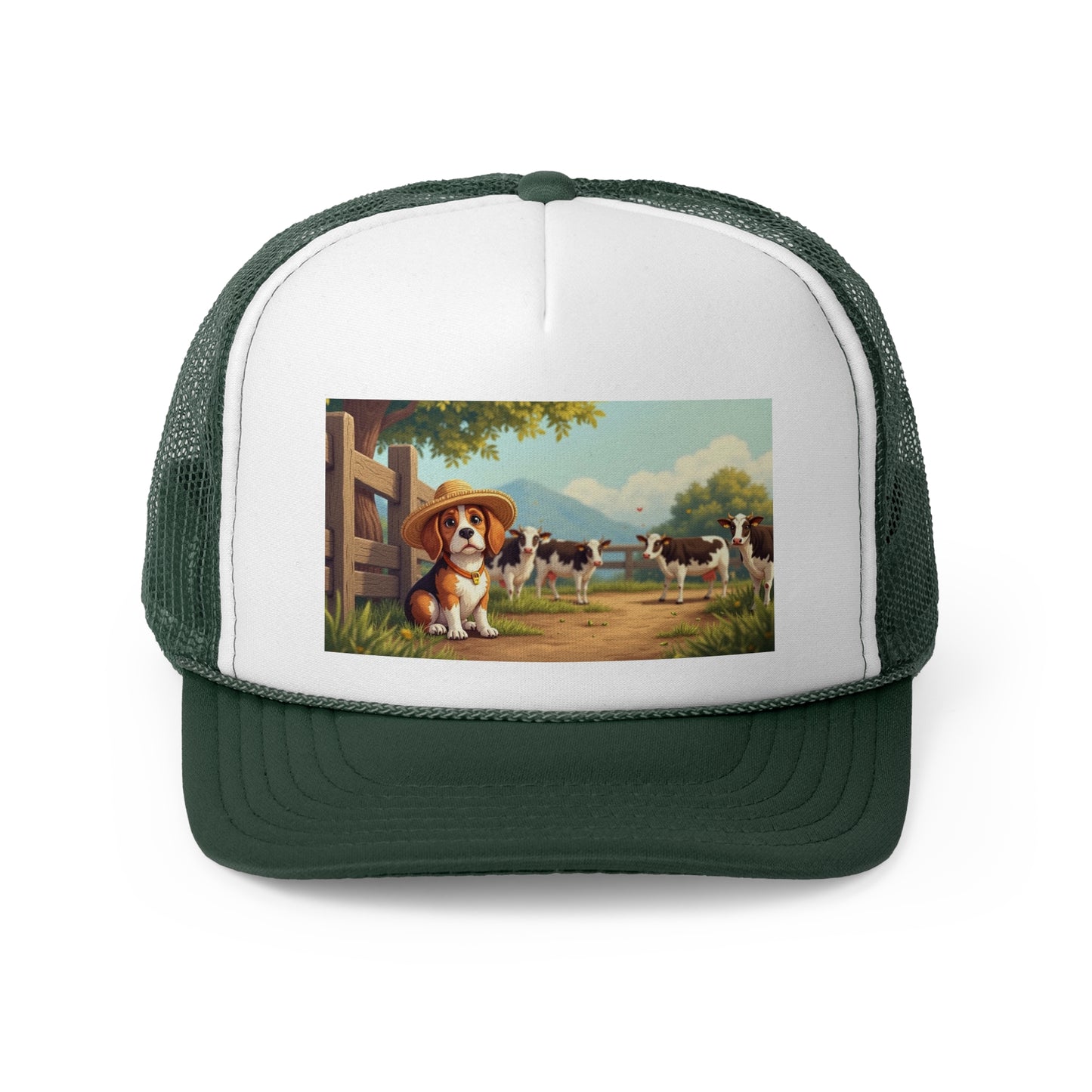Farm Beagle with Straw Hat and Cows Trucker Hat - Country Dog Lover Cap - Adorable Dog Lover Unisex Cap