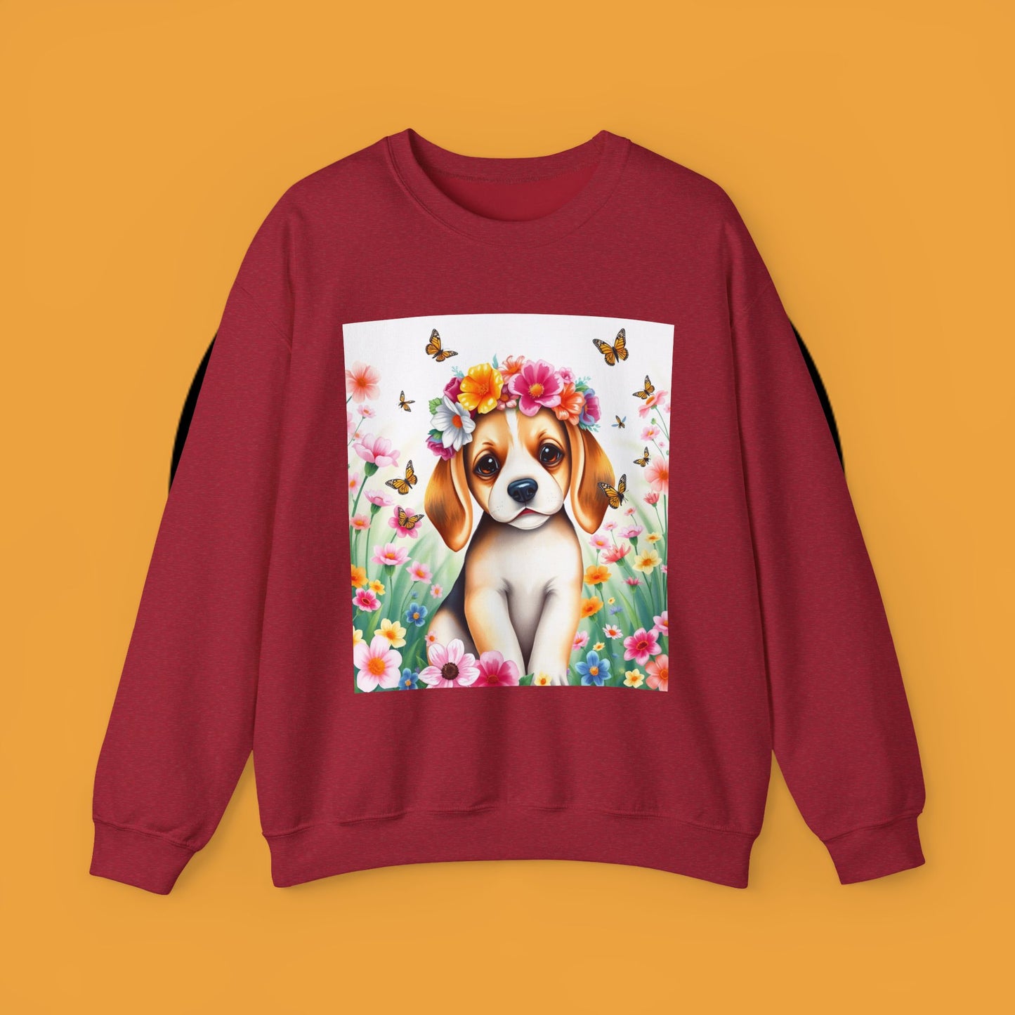 Flower Wreath Dog Crewneck Sweatshirt - Spring Beagle Design with Butterflies