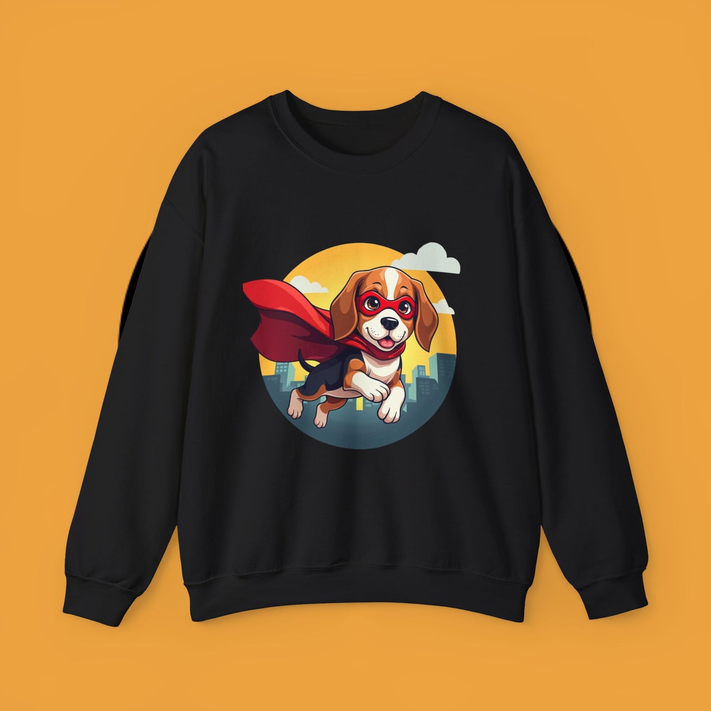 Superhero Dog Crewneck Sweatshirt - Flying Beagle Design with Red Cape and Mask