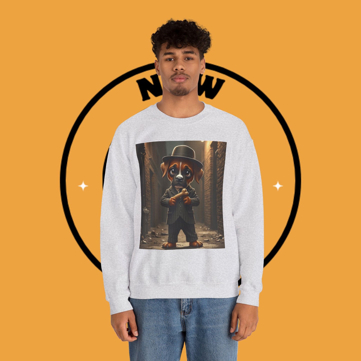 Gangster Puppy Fedora Crewneck Sweatshirt - Vintage Dog Boss Design - Retro Pet Lover Style