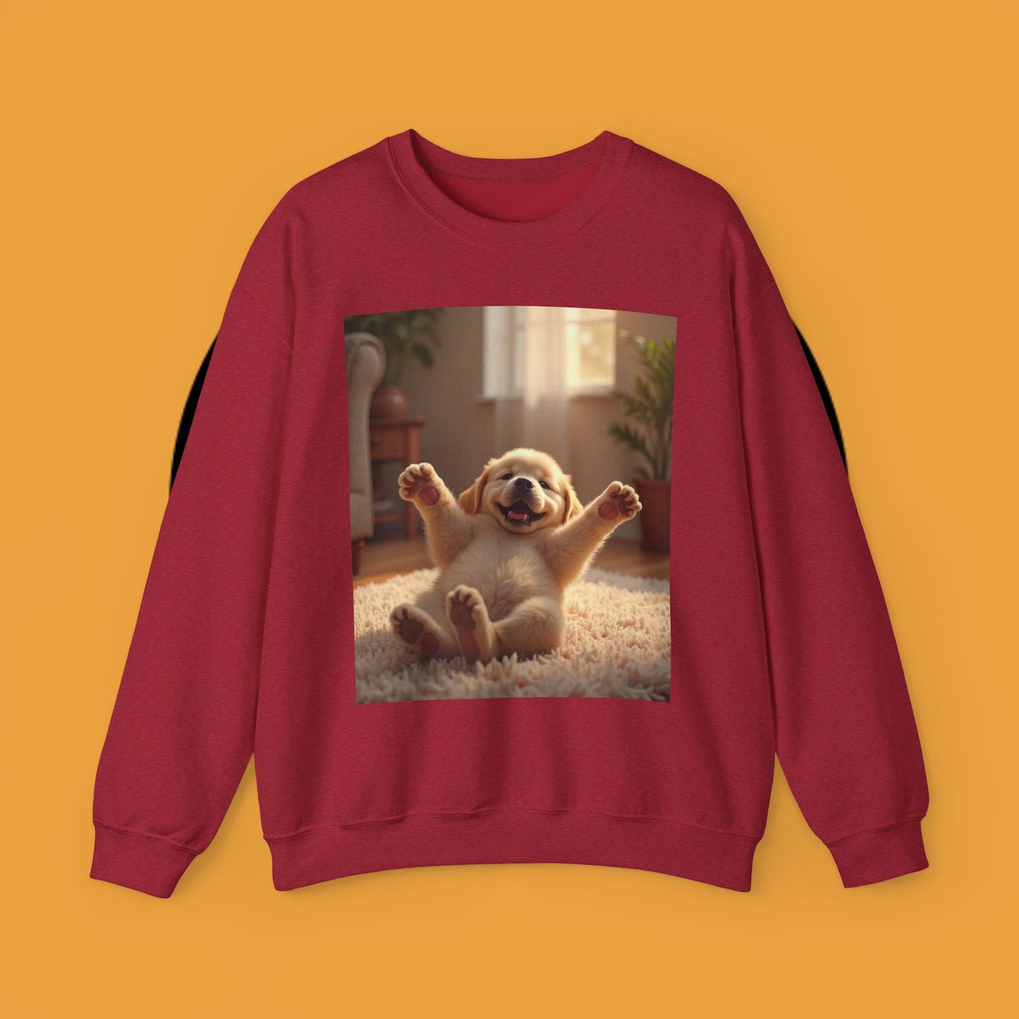 Unisex Dog Lover Crewneck Sweatshirt - Joyful Paws: Yellow Lab Puppy Stretching on Plush Carpet