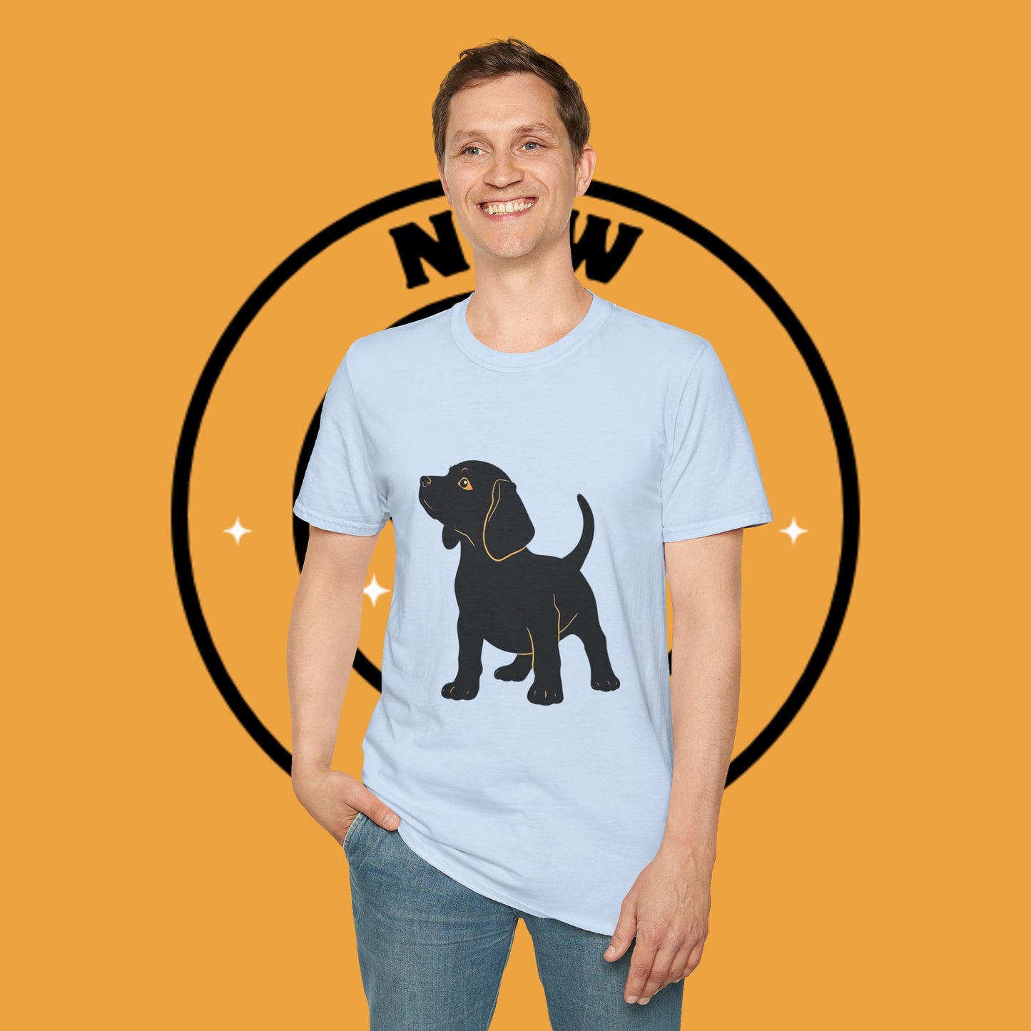 Minimalist Black Beagle Puppy T-Shirt - Simple Dog Silhouette Design | Modern Pet Lover Tee with Gold Accents