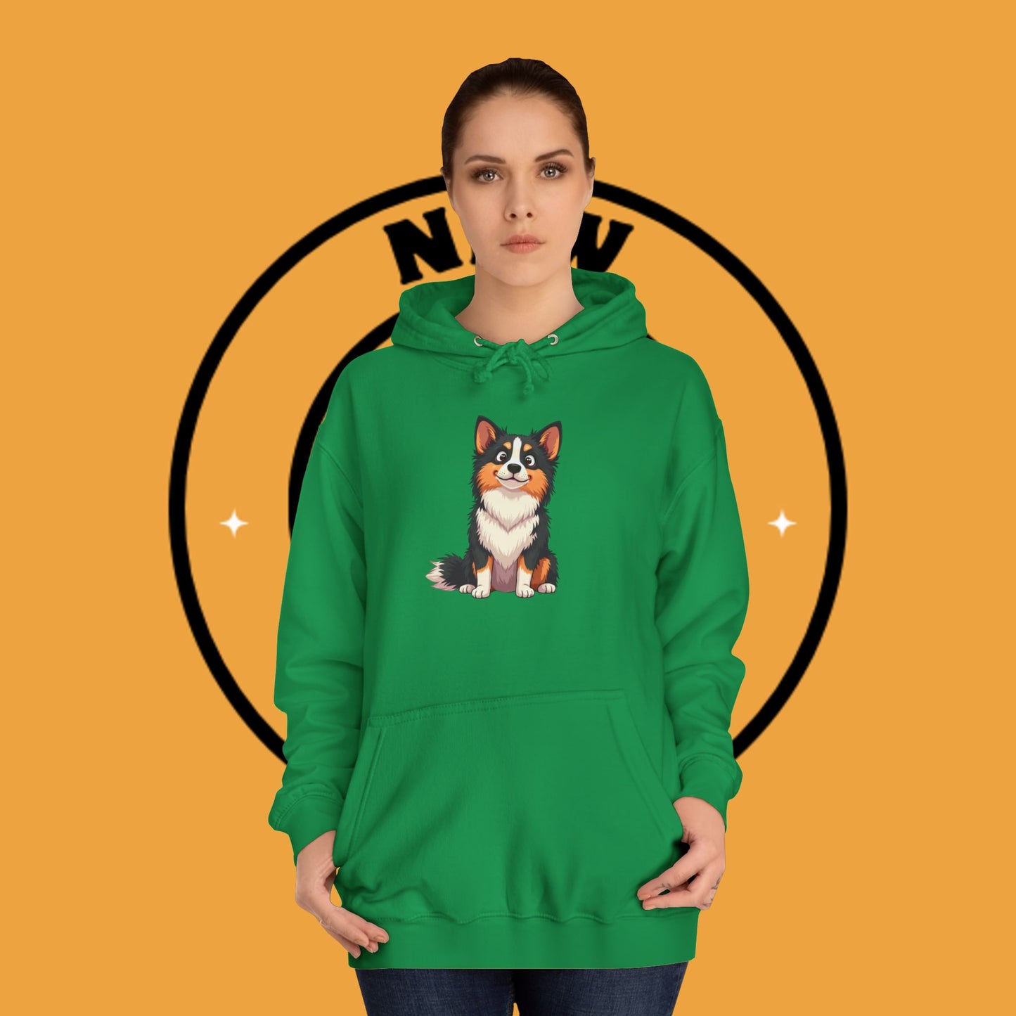 "Cute Tricolor Puppy Hoodie - Adorable Cartoon Dog Design | Kawaii Animal Streetwear for Dog Lovers"