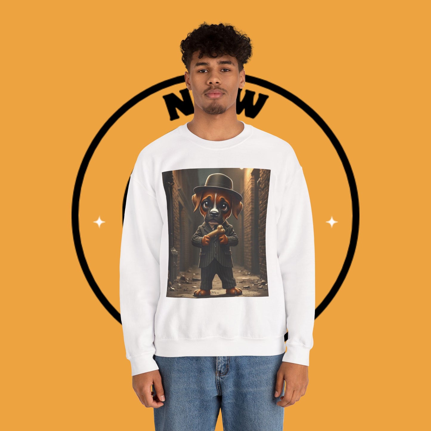 Gangster Puppy Fedora Crewneck Sweatshirt - Vintage Dog Boss Design - Retro Pet Lover Style