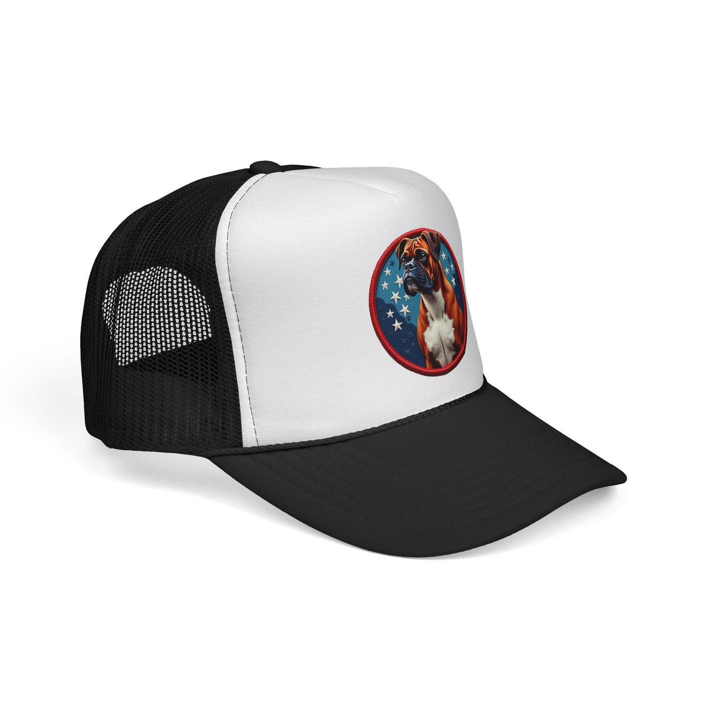 "Americana Boxer Dog Patch Trucker Cap - Patriotic Stars Design | USA Flag Colors Snapback Hat | Military Style Baseball Cap"