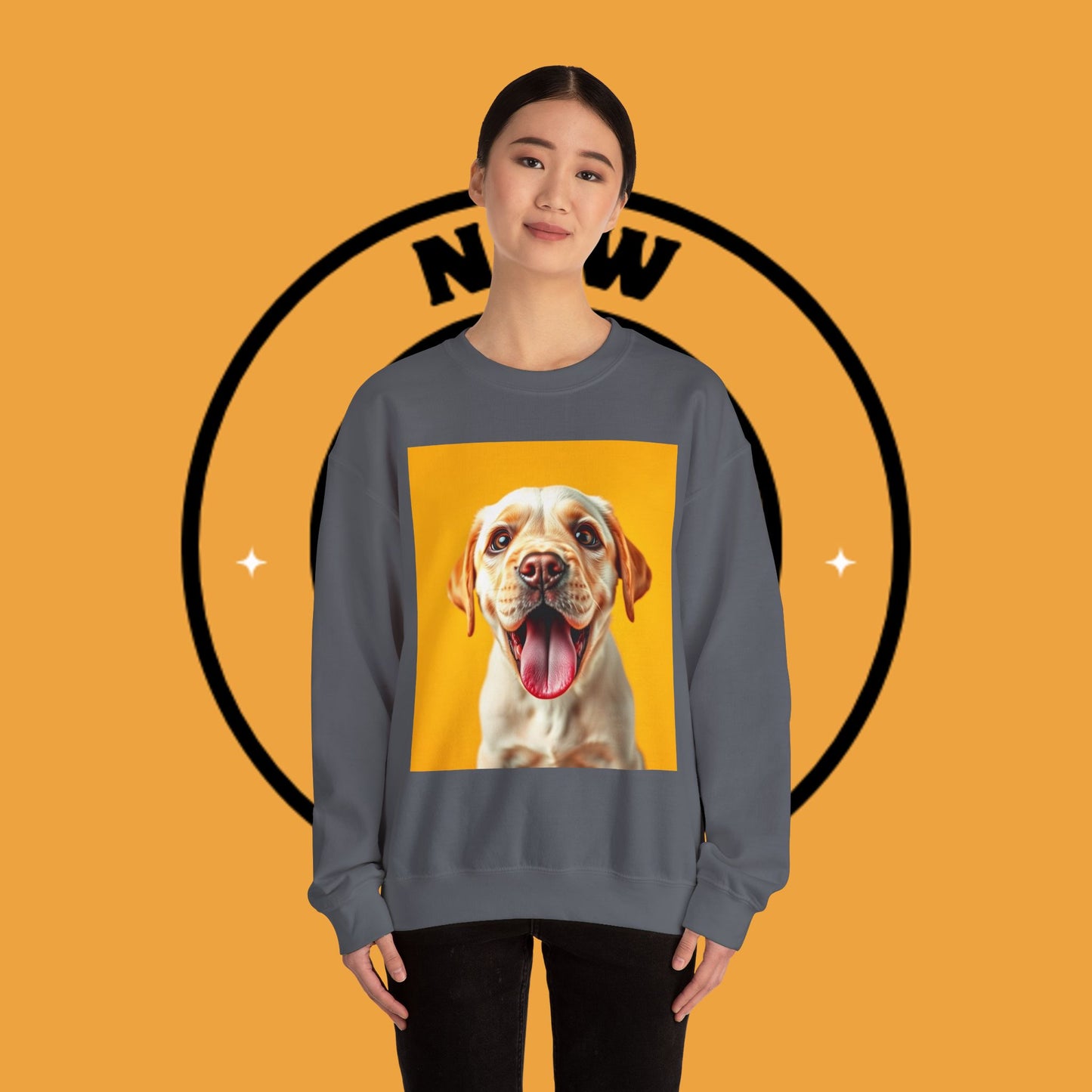 Unisex Dog Lover Crewneck Sweatshirt - Smiling Yellow Lab on vibrant yellow background