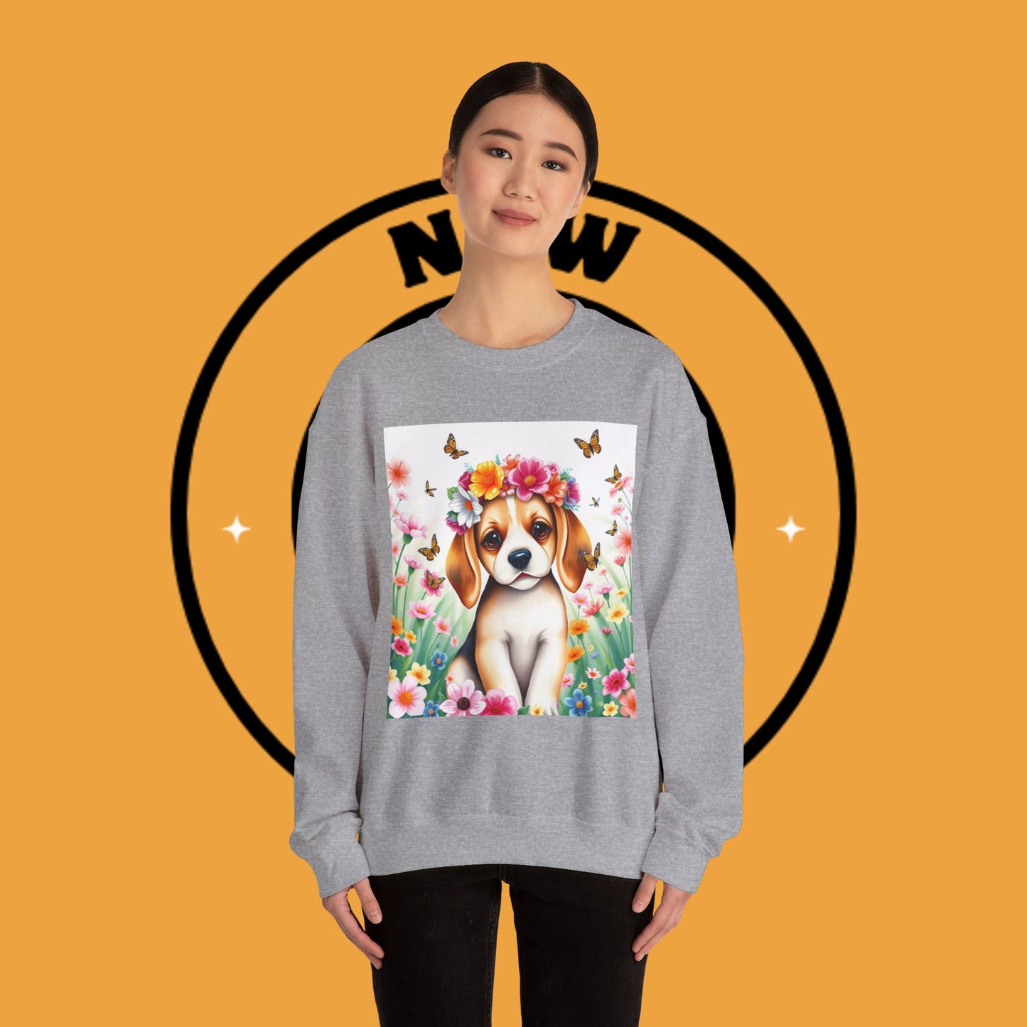 Flower Wreath Dog Crewneck Sweatshirt - Spring Beagle Design with Butterflies