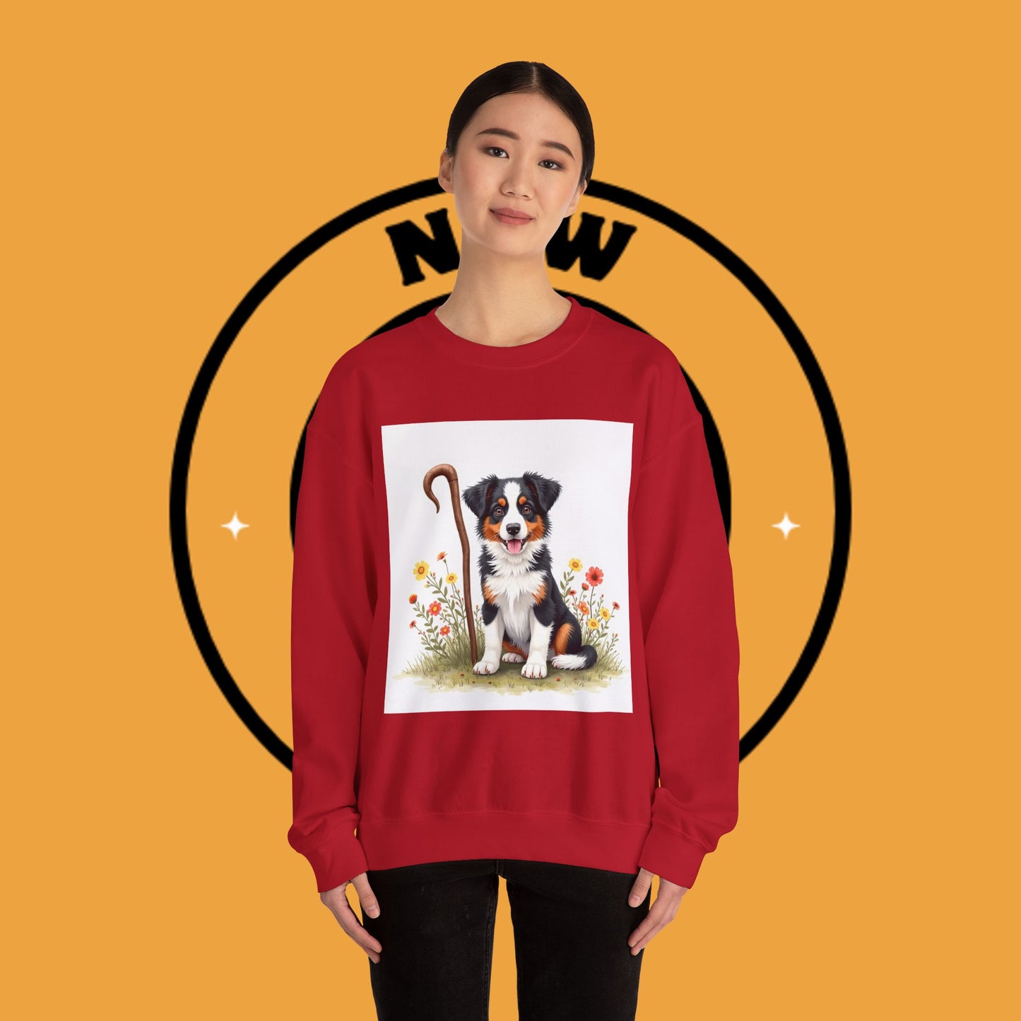 Border Collie Puppy Shepherd's Crook Crewneck Sweatshirt - Pastoral Dog Art | Farm Life Gift