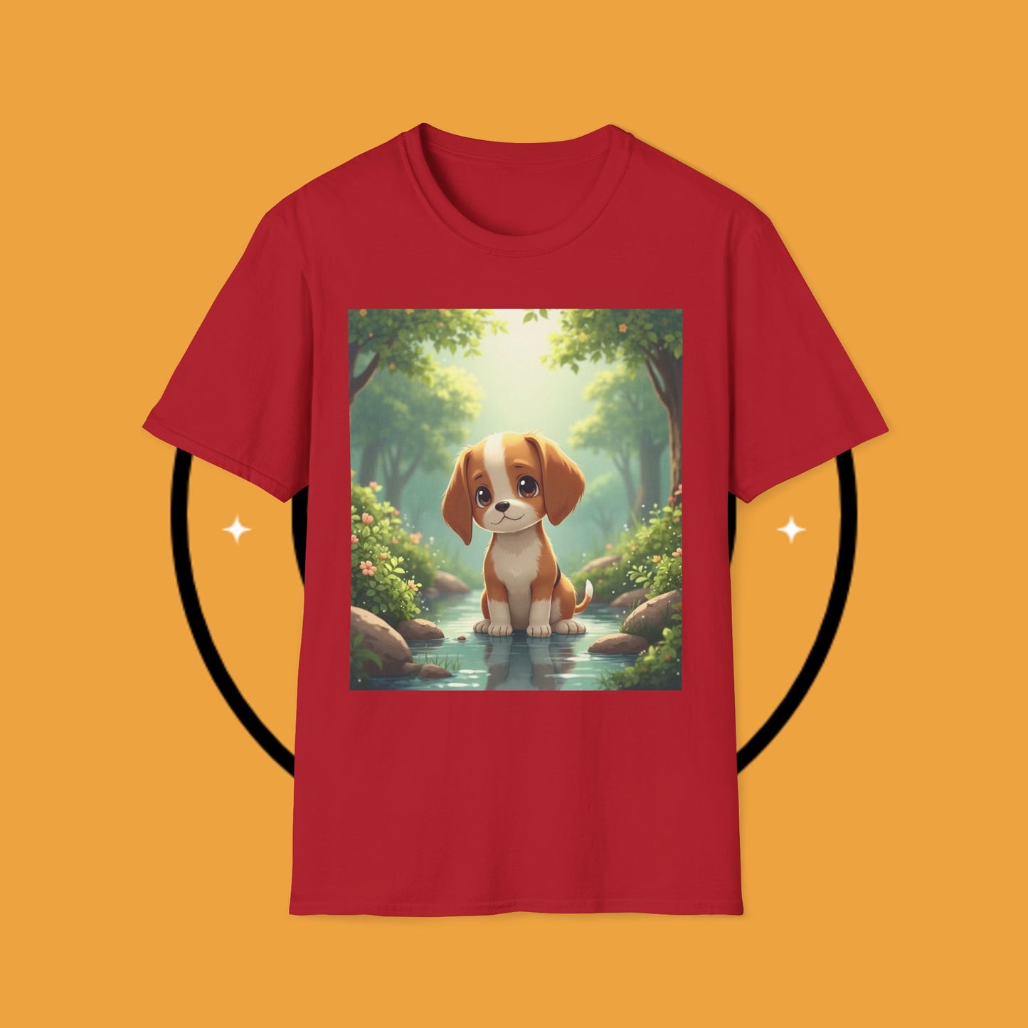 Magical Forest Beagle Puppy T-Shirt - Enchanted Nature Scene with Adorable Dog Design