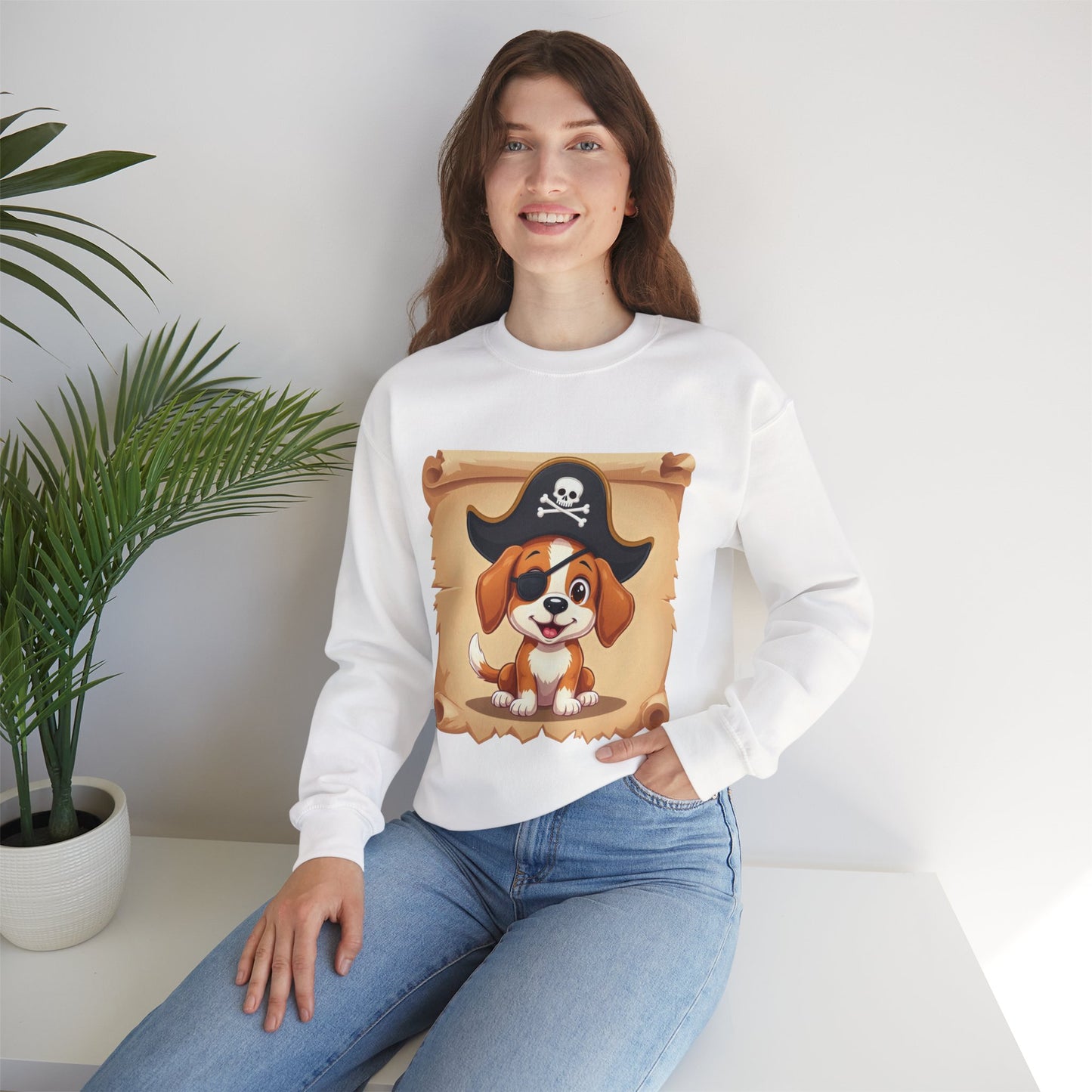 Pirate Dog Crewneck Sweatshirt - Buccaneer Beagle Design with Patch and Hat