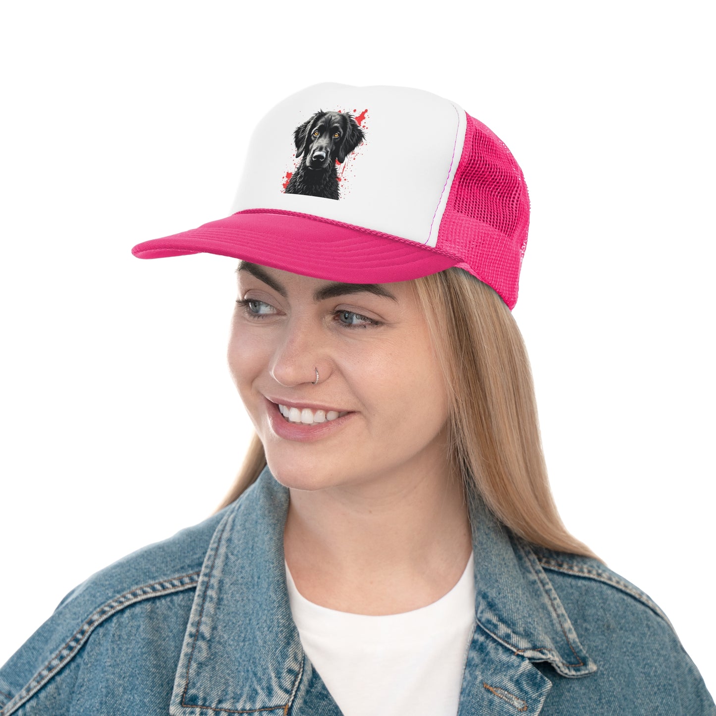 Black Dog Street Art Trucker Cap - Red Splatter Graffiti Design - Unisex Urban Cap