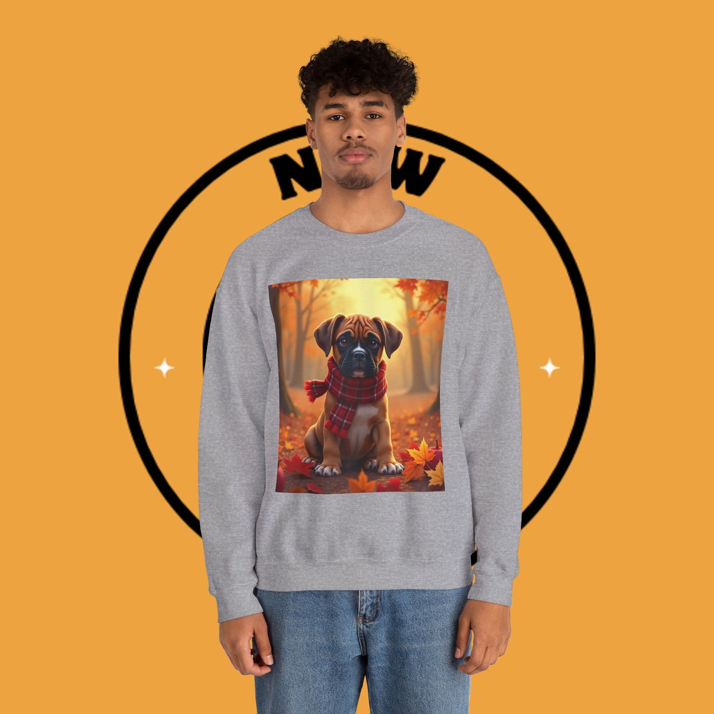 Cute Boxer Puppy Autumn Crewneck Sweatshirt | Fall Dog Lover Gift | Cozy Plaid Scarf Design