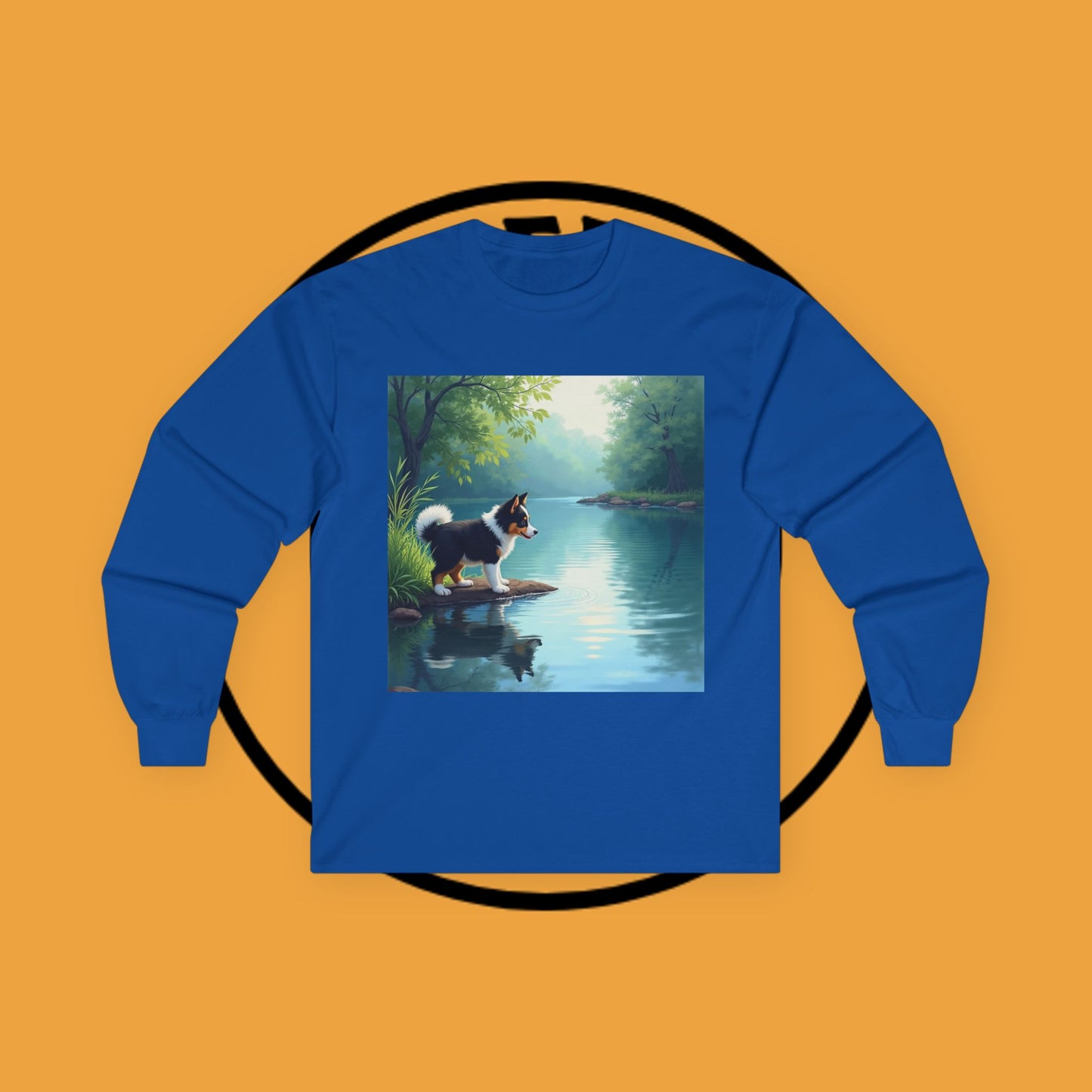 "Adorable Puppy by Tranquil Lake Long Sleeve Tee - Peaceful Nature Dog Art Shirt - Serene Landscape Apparel"