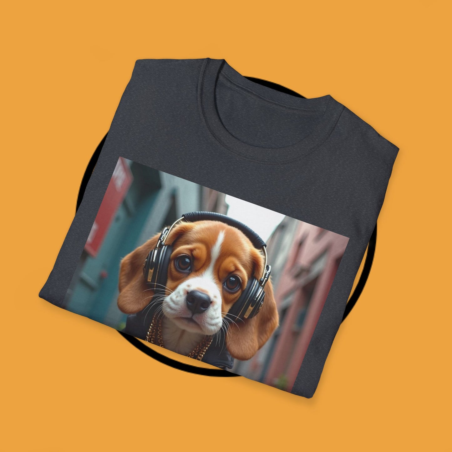 Hip Hop Beagle Dog T-Shirt - Cool Puppy with Headphones & Gold Chains Graphic Tee