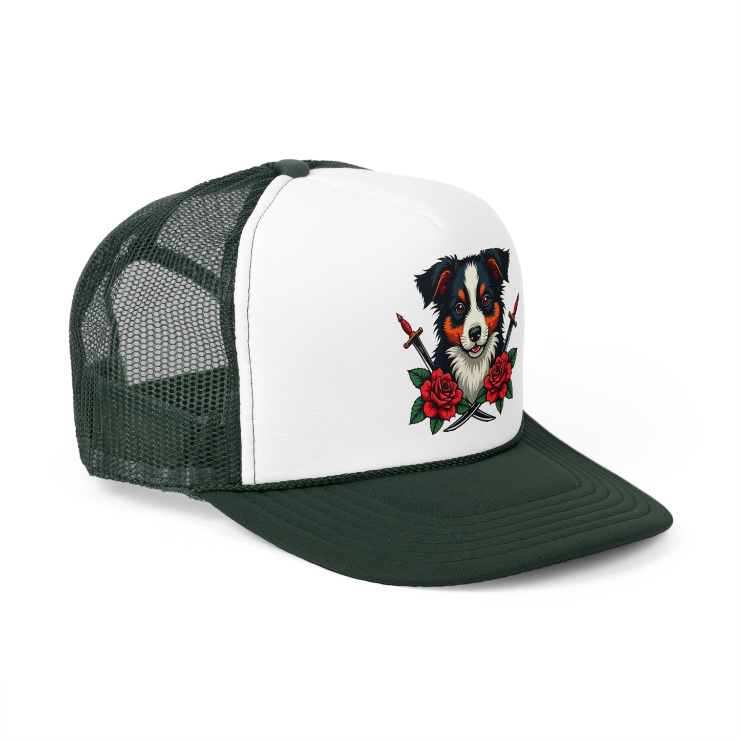 Fierce Border Collie Tattoo Style Trucker Hat - Vintage Dog Lover Cap with Roses & Daggers Design