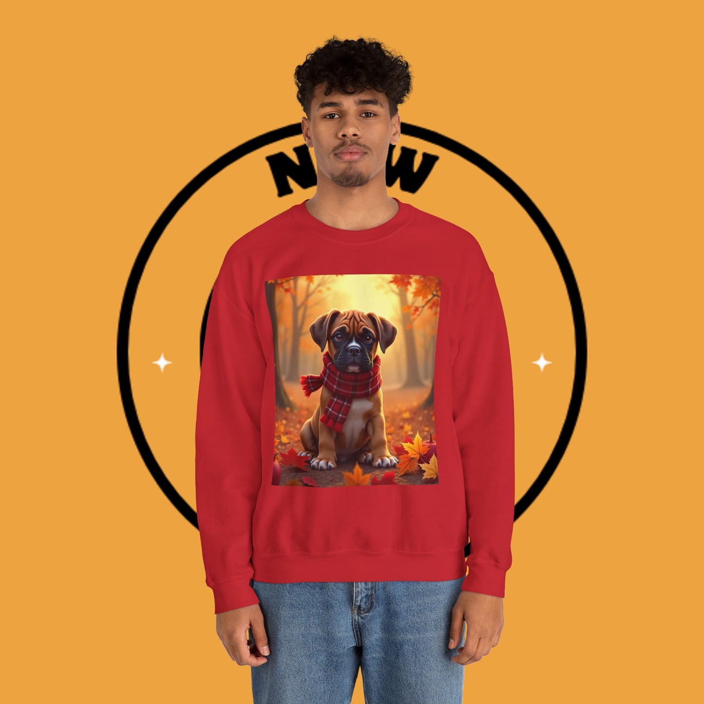 Cute Boxer Puppy Autumn Crewneck Sweatshirt | Fall Dog Lover Gift | Cozy Plaid Scarf Design