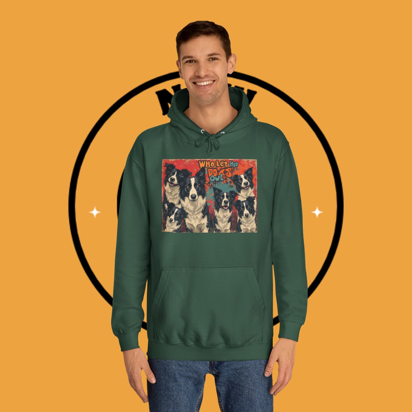 "Who Let the Dogs Out Border Collie Hoodie - Funny 90s Nostalgia Dog Pack Sweatshirt | Retro Music Design"