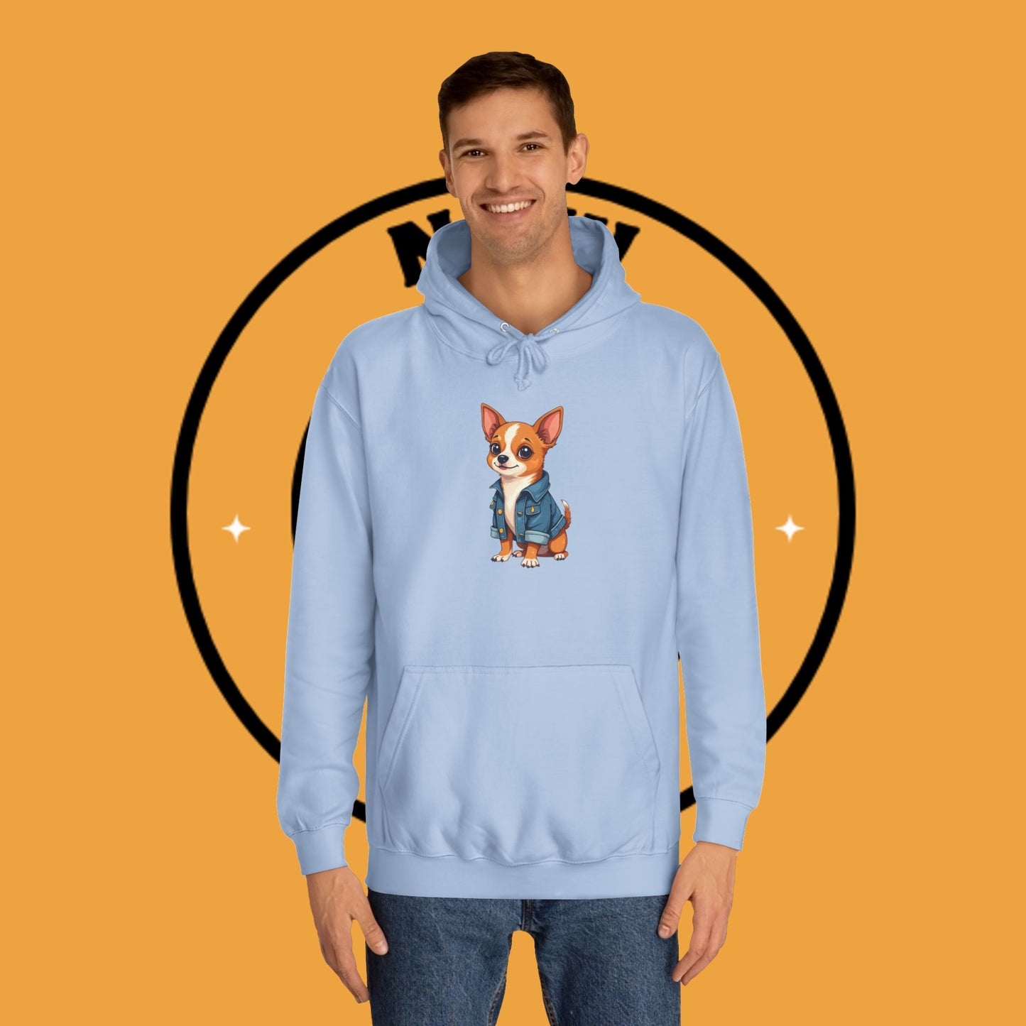 "Adorable Chihuahua in Denim Jacket Hoodie | Cute Dog Lover Gift | Premium Pet Fashion Streetwear"
