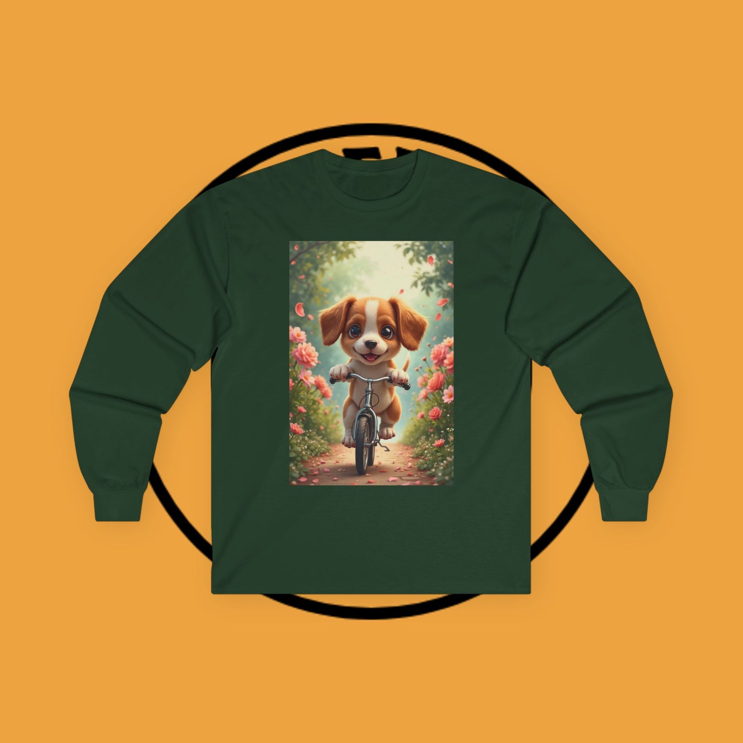 Happy Puppy Riding Bike Spring Flowers Long Sleeve Tee Gift
