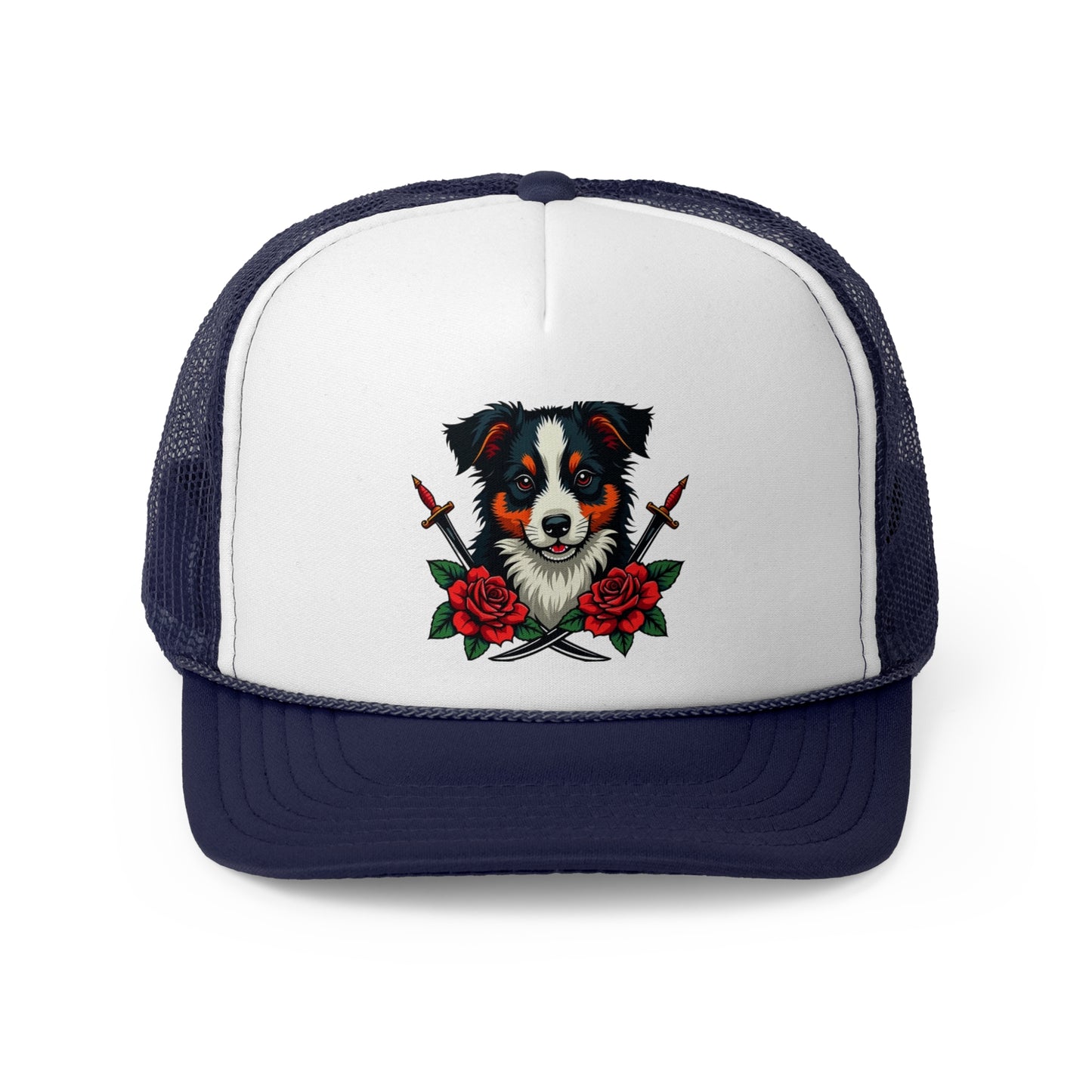 Fierce Border Collie Tattoo Style Trucker Hat - Vintage Dog Lover Cap with Roses & Daggers Design