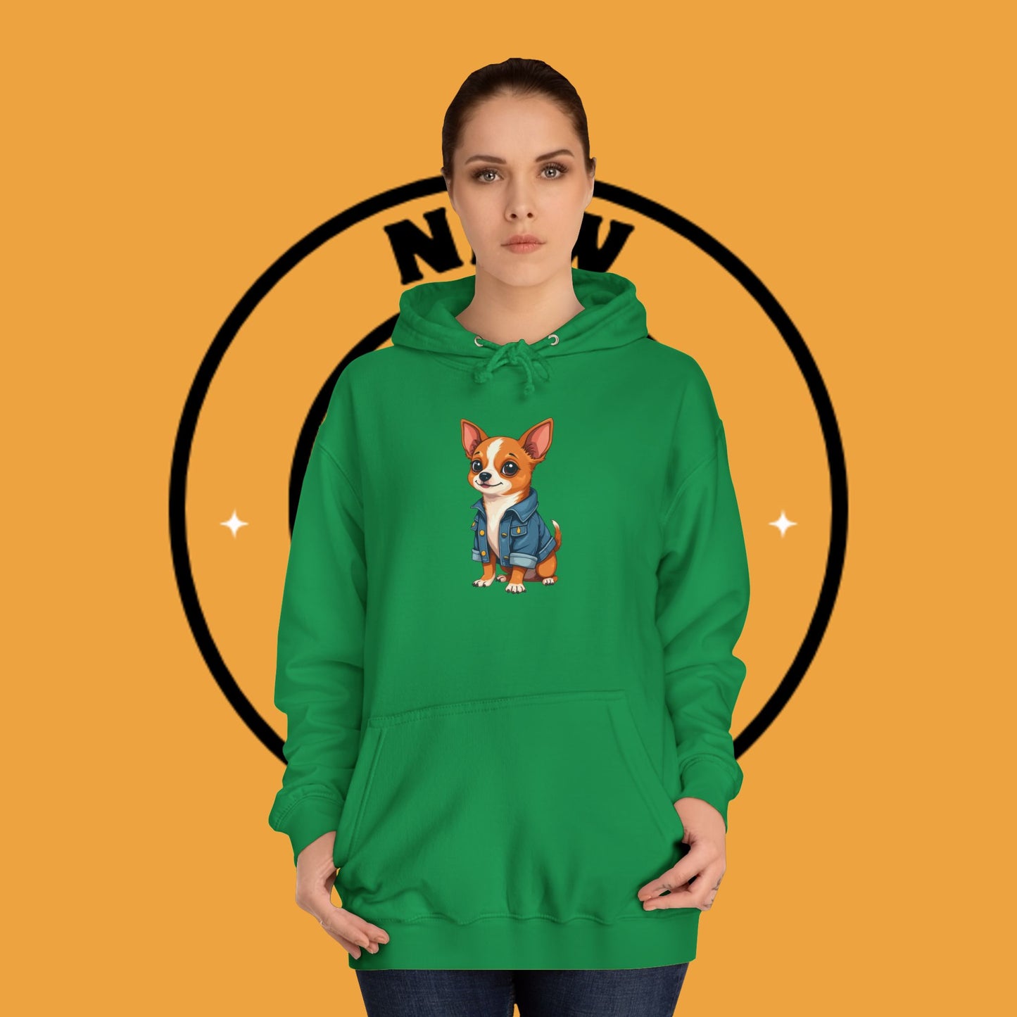 "Adorable Chihuahua in Denim Jacket Hoodie | Cute Dog Lover Gift | Premium Pet Fashion Streetwear"