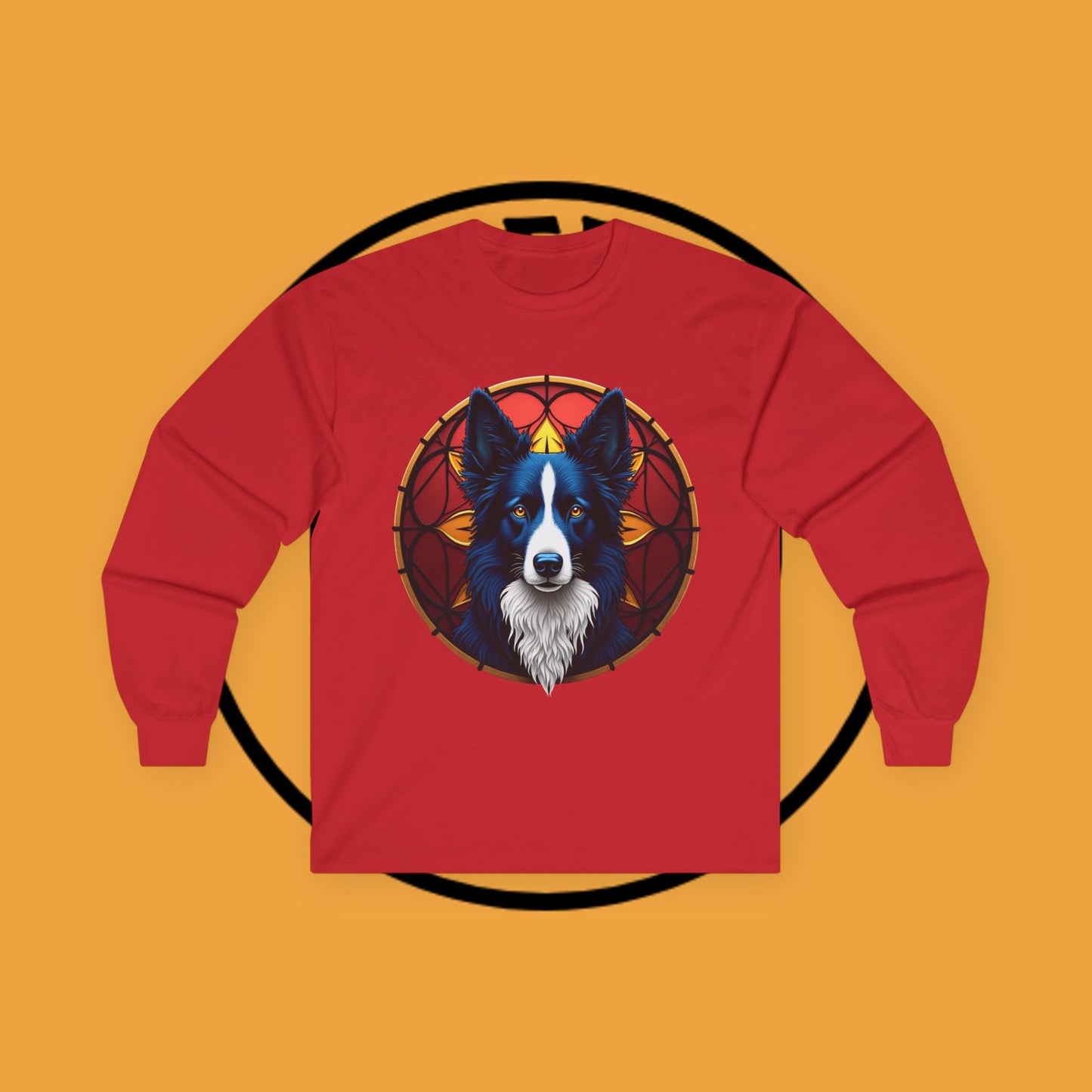 "Mystical Border Collie Stained Glass Long Sleeve Tee - Sacred Geometry Spirit Animal Shirt - Gothic Fantasy Apparel"