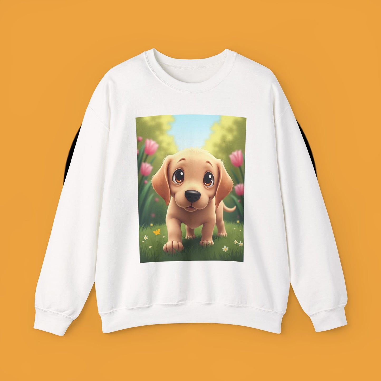 Adorable Golden Retriever Puppy in a Garden with Flowers - Cute Puppy Photo kawaii style