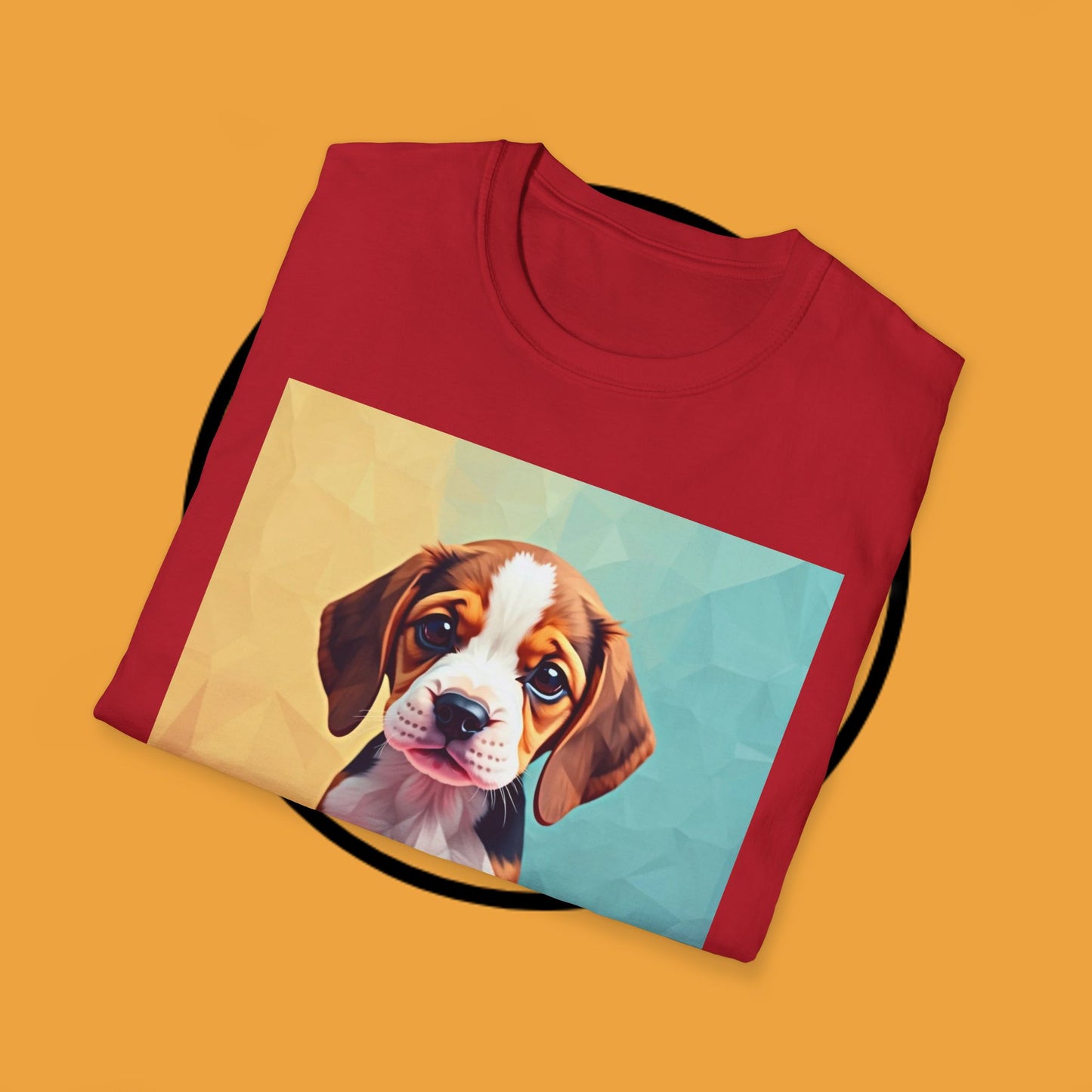 Modern Art Beagle Puppy T-Shirt - Geometric Low Poly Dog Design with Rainbow Background