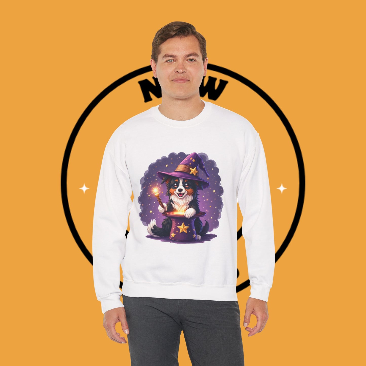 Magical Wizard Dog Crewneck Sweatshirt - Adorable Puppy Magician with Hat & Wand | Fantasy Pet Lover Gift Tee