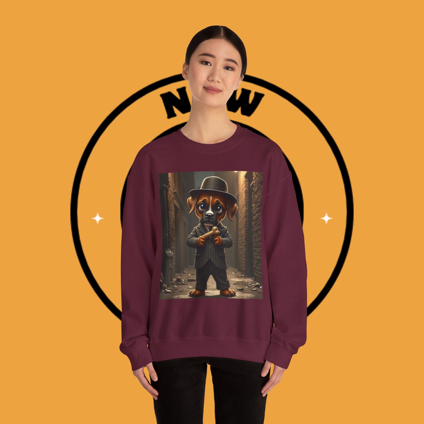 Gangster Puppy Fedora Crewneck Sweatshirt - Vintage Dog Boss Design - Retro Pet Lover Style
