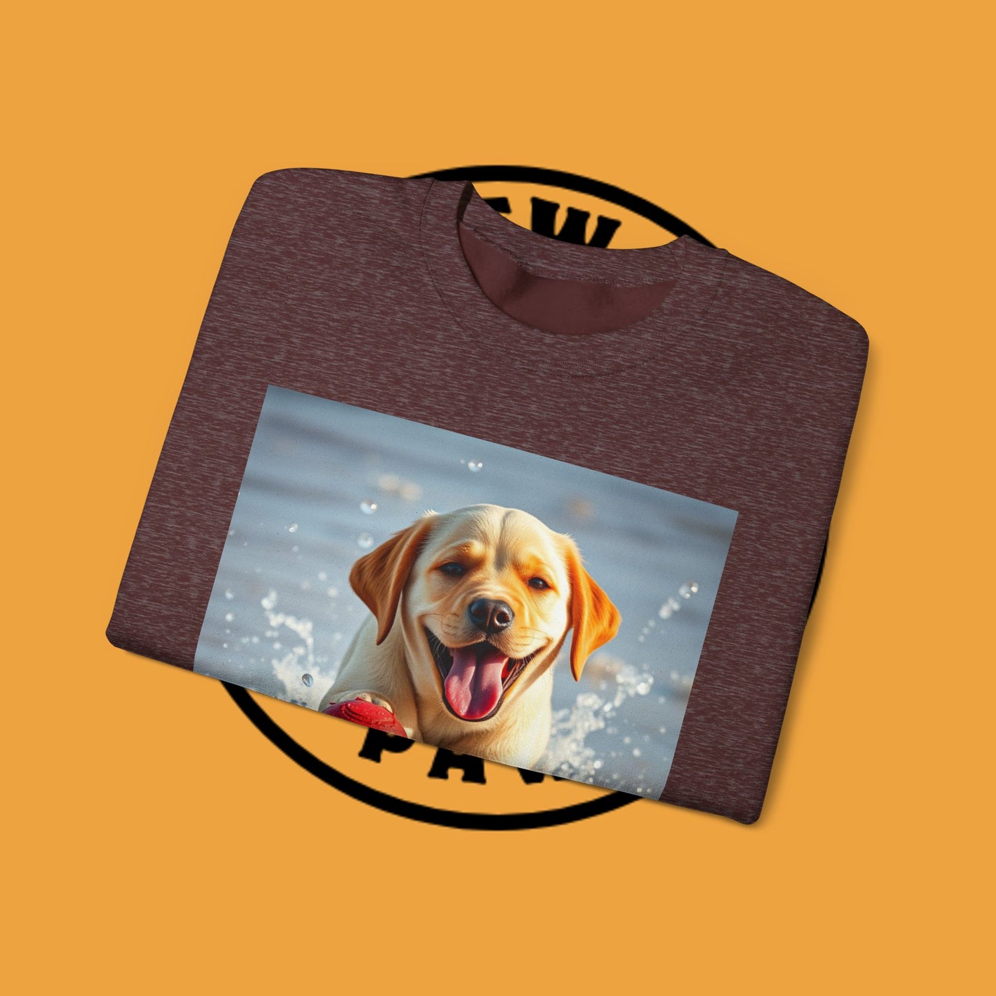 Unisex Dog Lover Crewneck Sweatshirt Labrador Puppy Playing with a Ball on the Beach - Photo of a Happy Dog Running in the Water