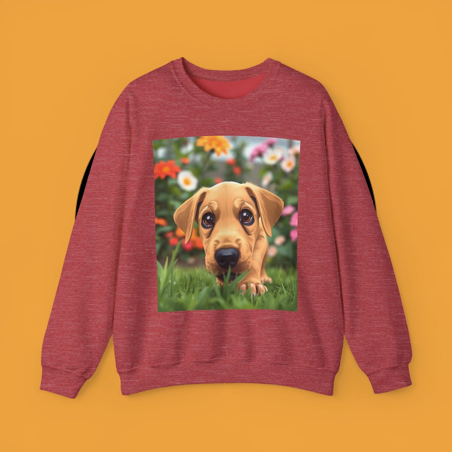 Unisex Dog Lover Crewneck Sweatshirt - Cute puppe with big eyes in floral garden