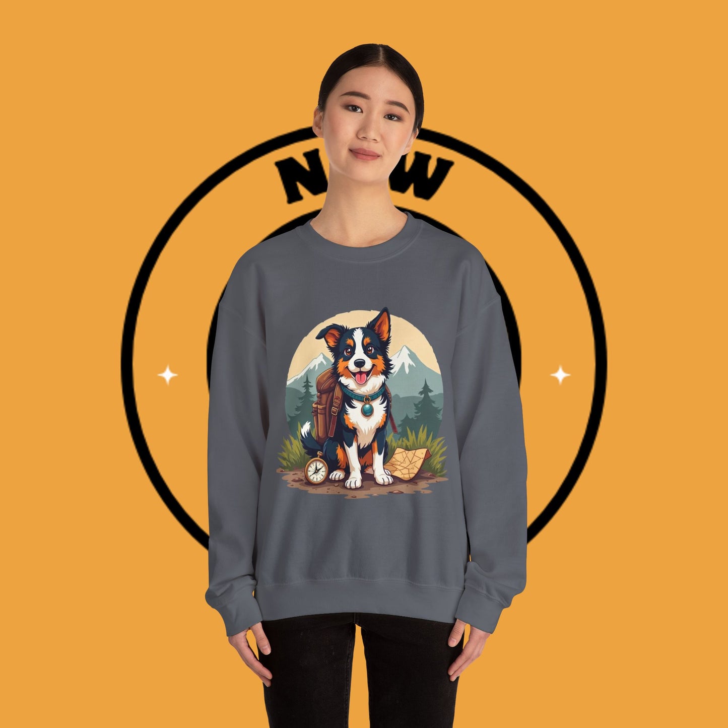 Adventure Dog Hiking Crewneck Sweatshirt - Mountain Explorer Border Collie Design | Outdoor Lover Gift