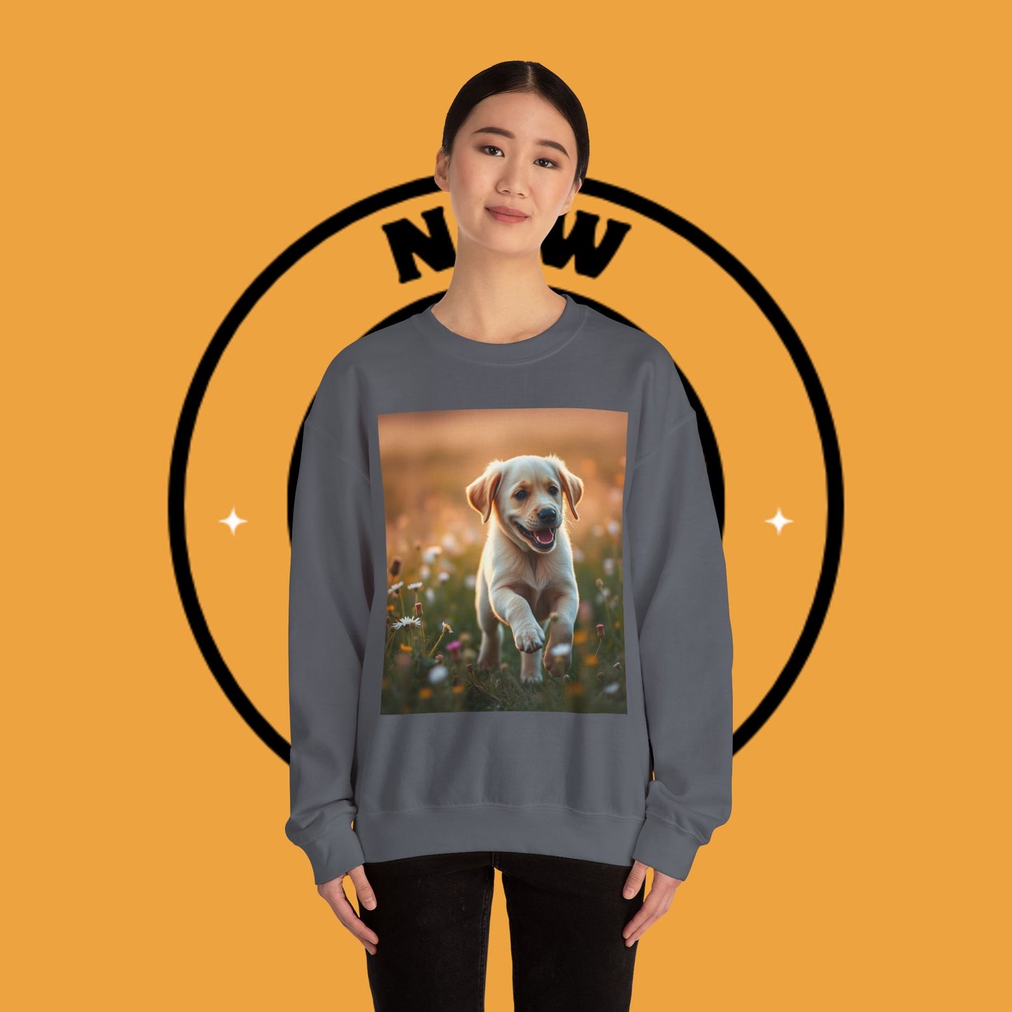Unisex Dog Lover Crewneck Sweatshirt - Playful Labrador Puppy Running Through Wildflower Meadow