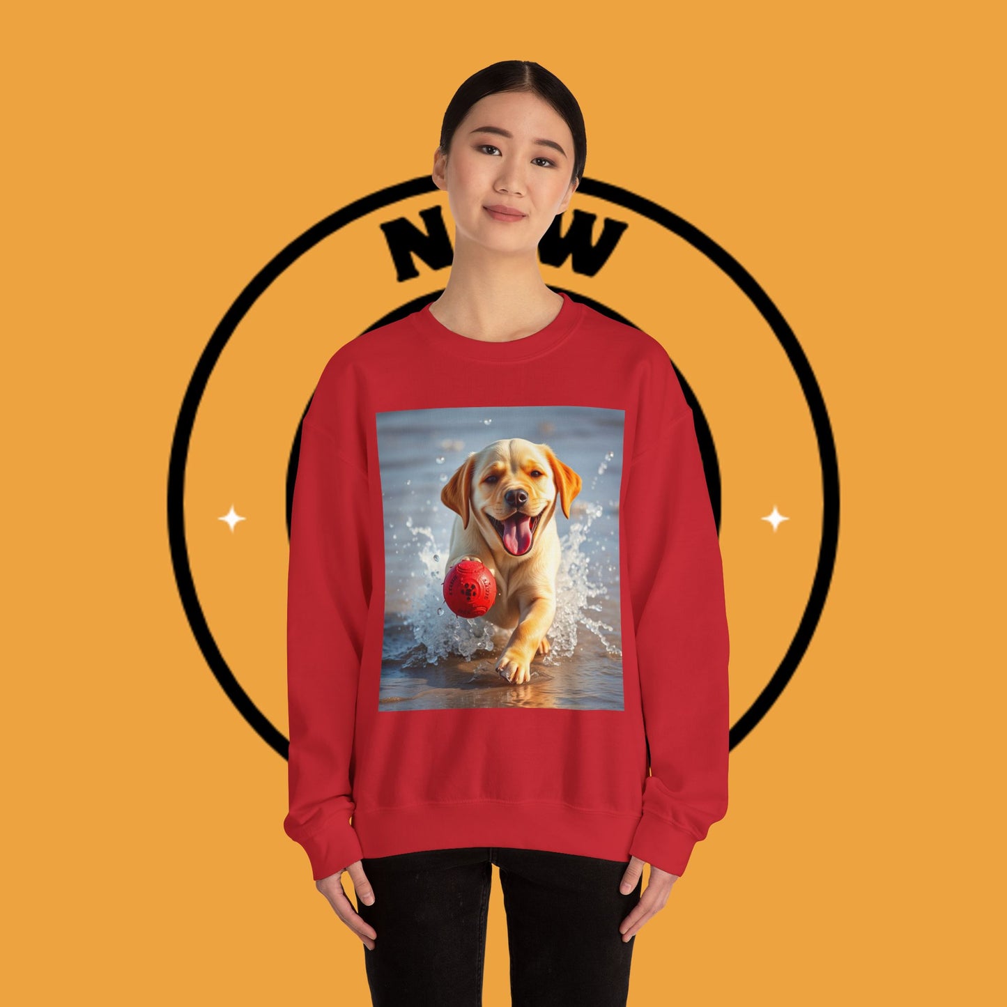Unisex Dog Lover Crewneck Sweatshirt Labrador Puppy Playing with a Ball on the Beach - Photo of a Happy Dog Running in the Water