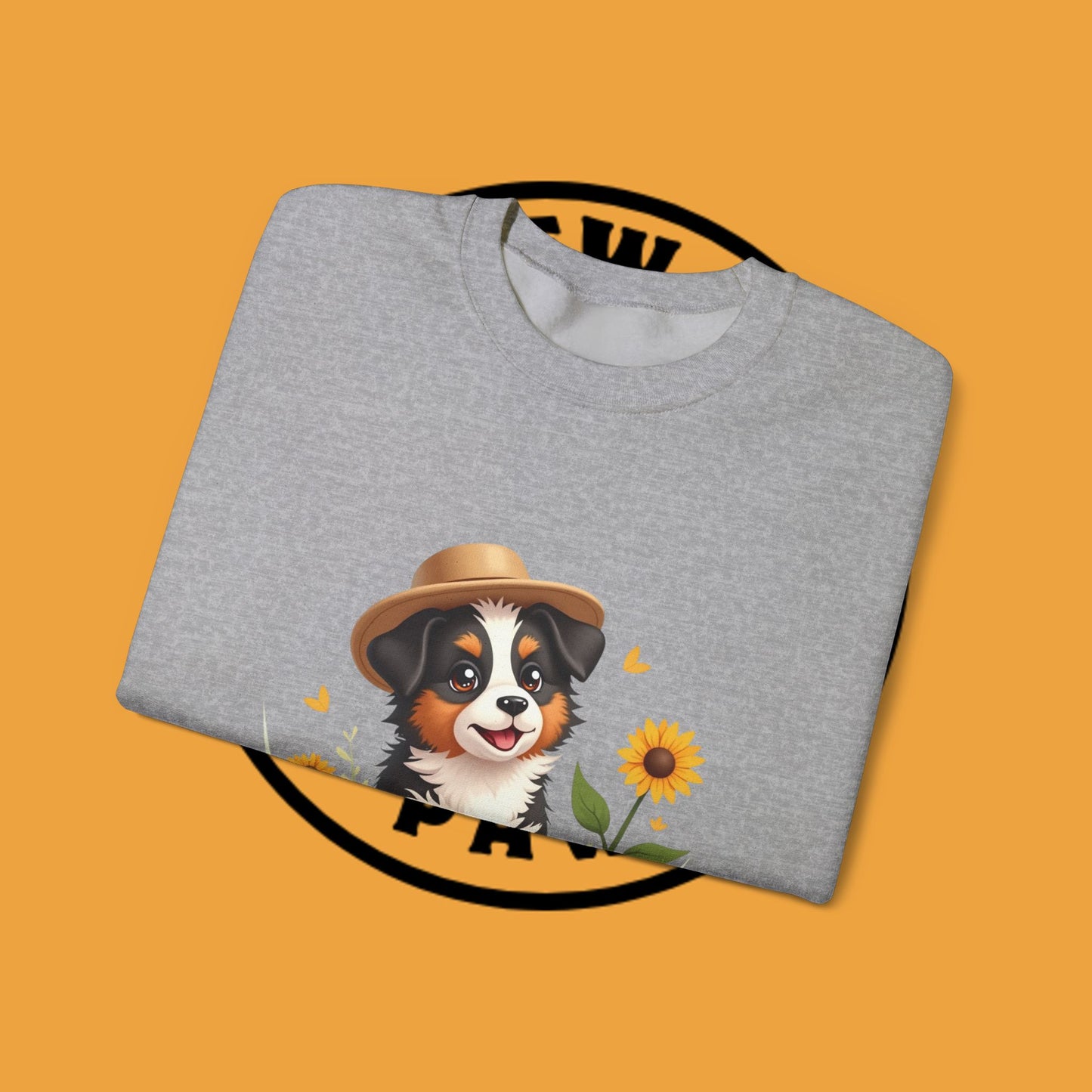 Garden Dog Crewneck Sweatshirt - Cute Puppy Gardener with Sunflowers Design | Green Thumb Gift