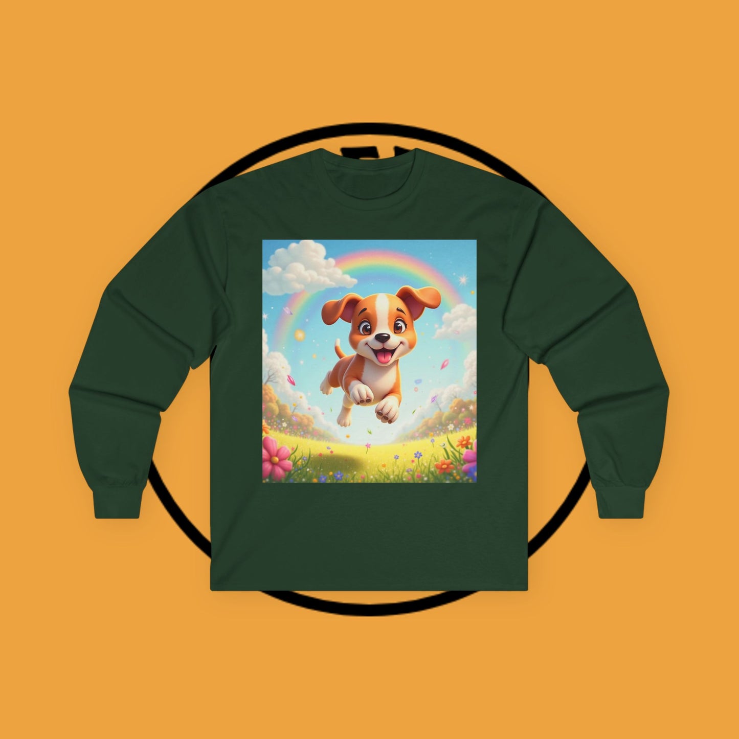 Happy Puppy Rainbow Jumping Spring Flowers Long Sleeve Shirt