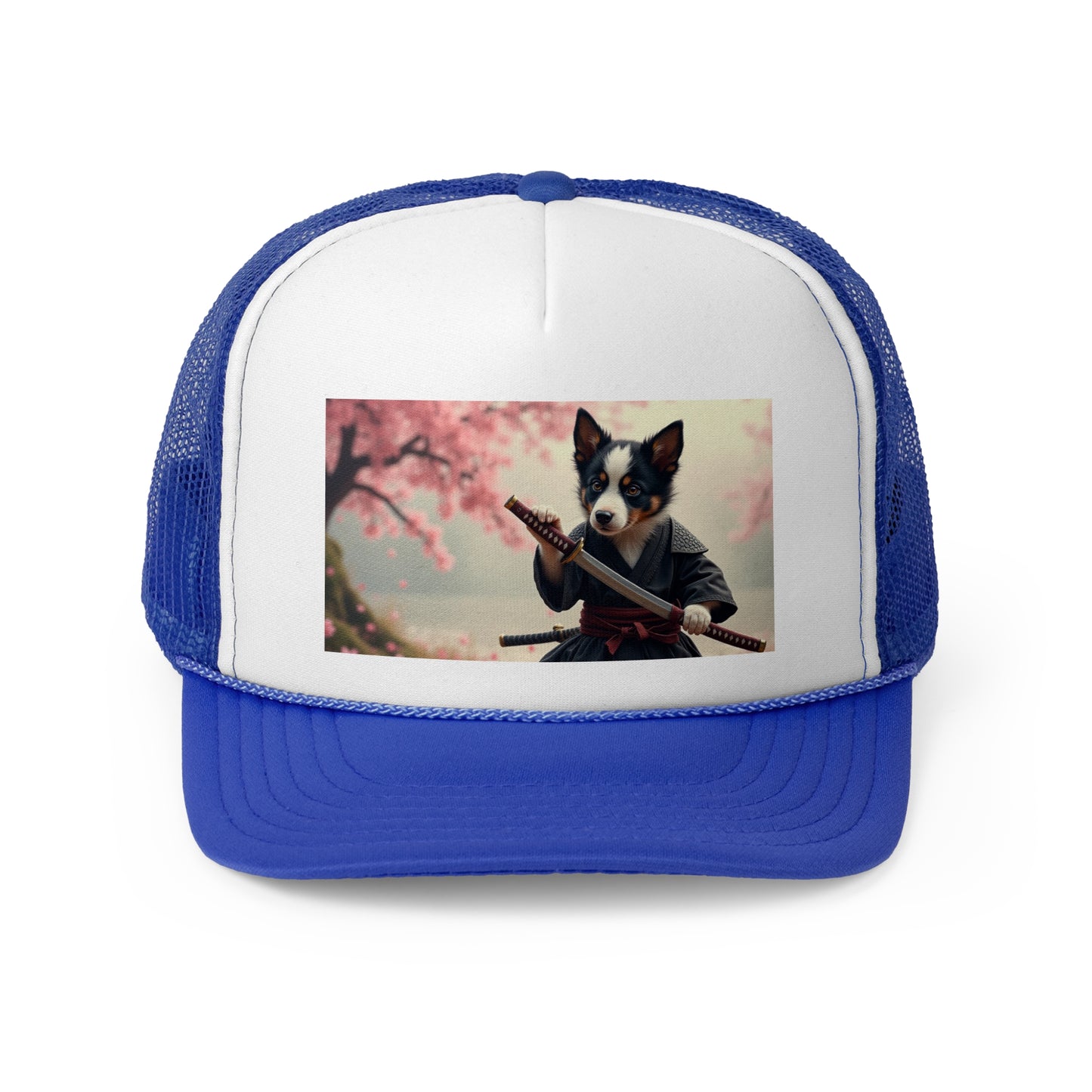 Samurai Puppy Trucker Hat - Japanese Warrior Dog Cap - Cherry Blossom Ninja Baseball Hat