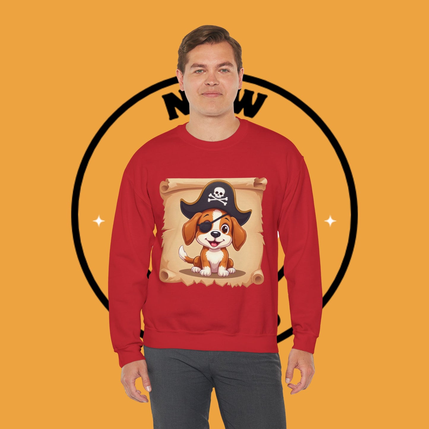 Pirate Dog Crewneck Sweatshirt - Buccaneer Beagle Design with Patch and Hat