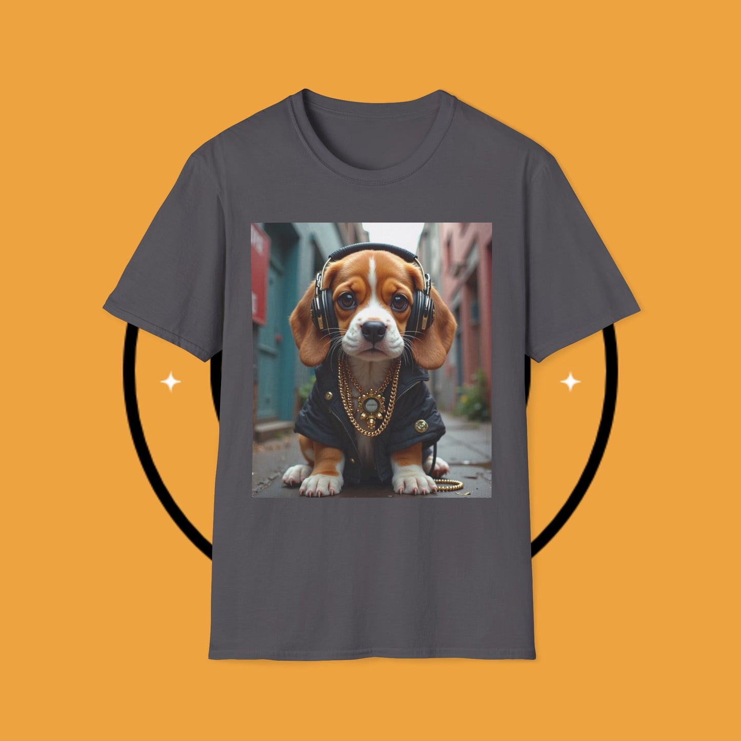 Hip Hop Beagle Dog T-Shirt - Cool Puppy with Headphones & Gold Chains Graphic Tee