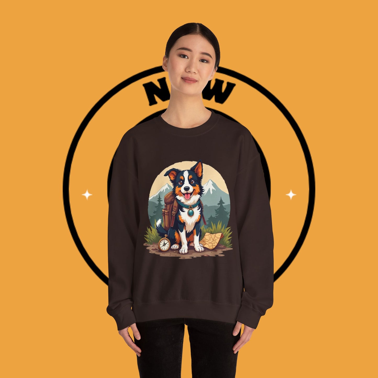 Adventure Dog Hiking Crewneck Sweatshirt - Mountain Explorer Border Collie Design | Outdoor Lover Gift