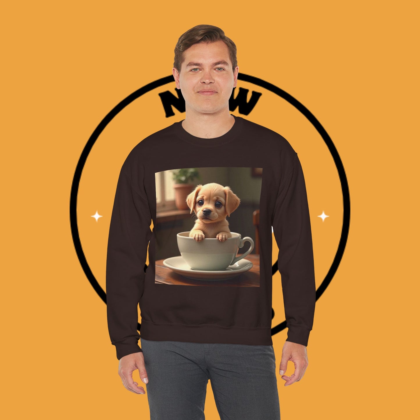 Unisex Dog Lover Crewneck Sweatshirt - Teacup Puppy: Adorable Yellow Lab in Coffee Cup