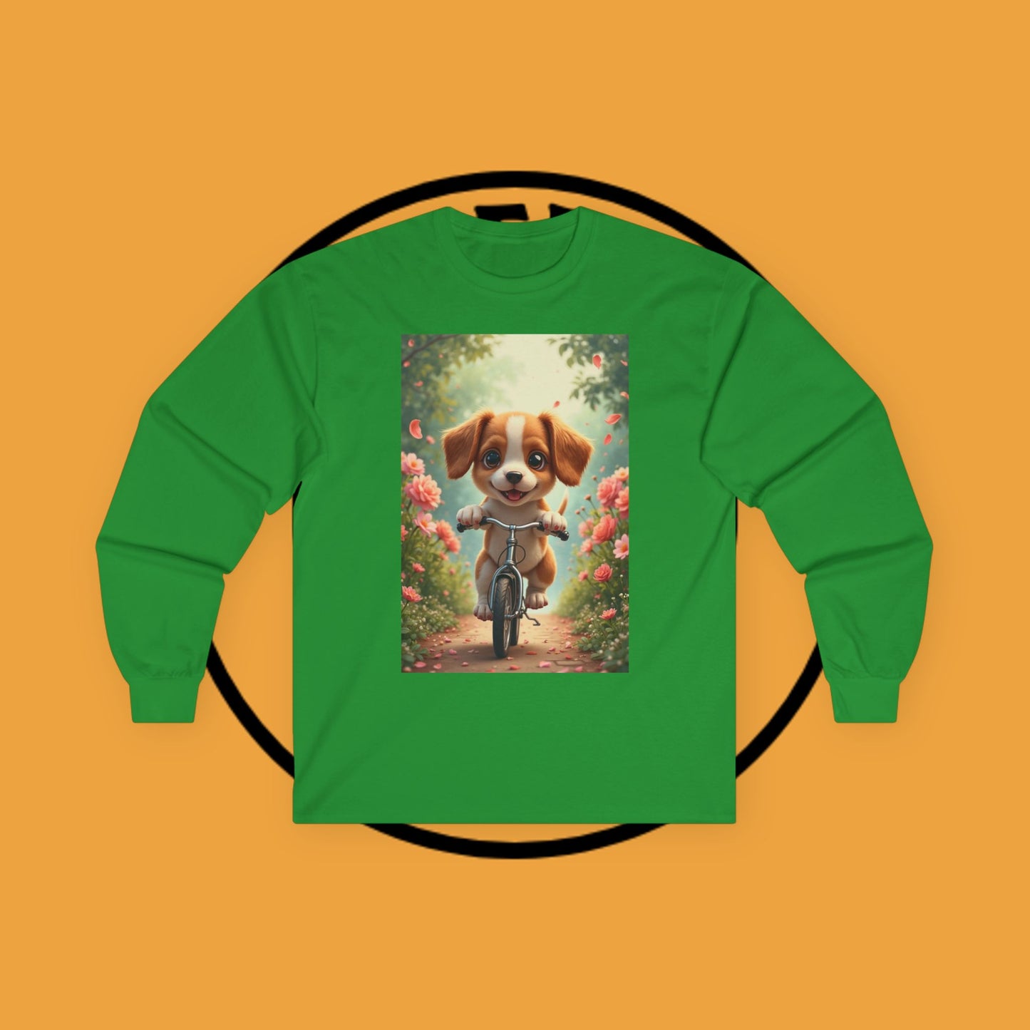 Happy Puppy Riding Bike Spring Flowers Long Sleeve Tee Gift