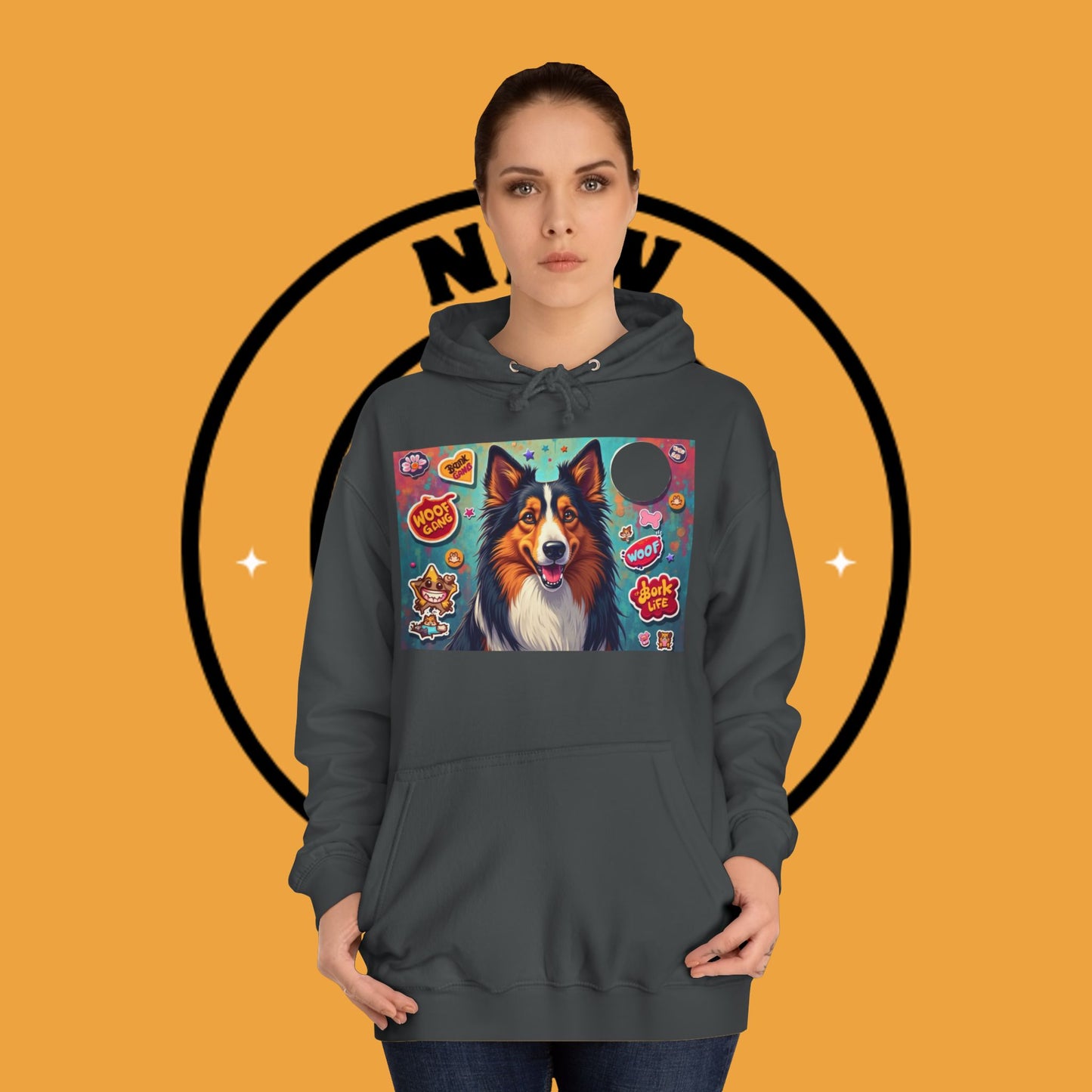 "Dog Sticker Pack Hoodie - Vibrant Collie with Fun Dog Patches Design | Millennial Pet Lover Streetwear"
